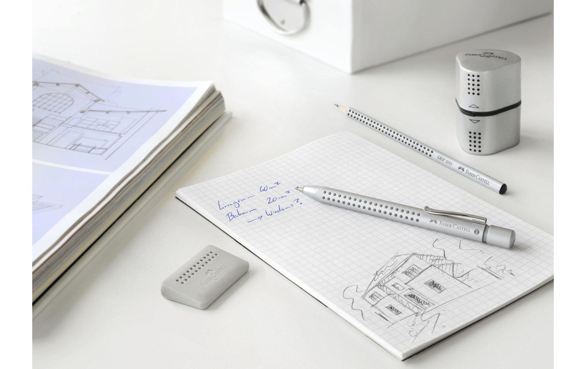 Faber-Castell Spitzer – manuell, 2-Loch, mit Behälter, für Blei- & Buntstifte Ø 8 & 10 mm, Kunststoff, silber