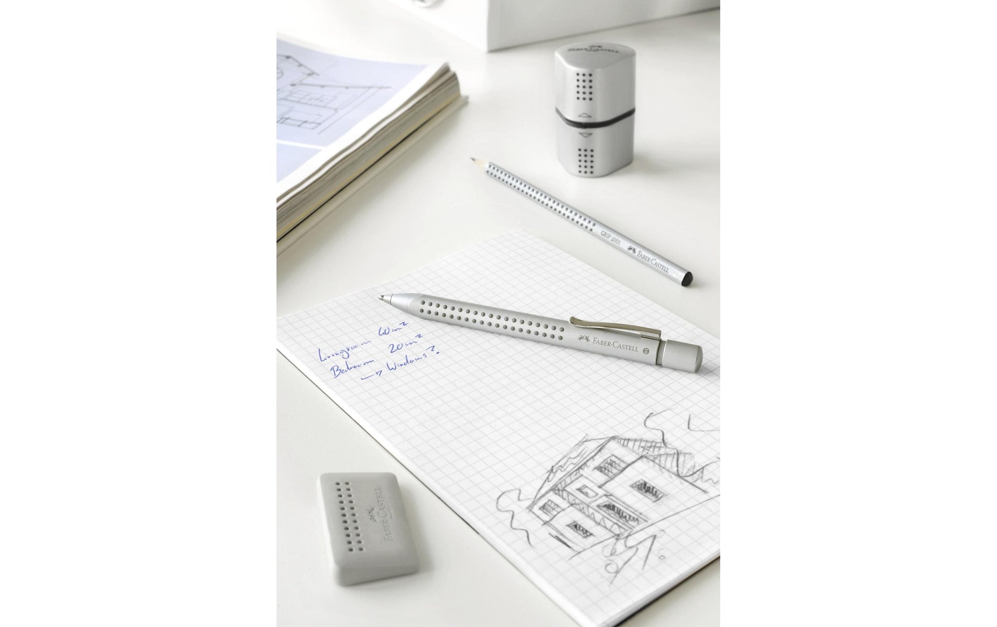 Faber-Castell Spitzer – manuell, 2-Loch, mit Behälter, für Blei- & Buntstifte Ø 8 & 10 mm, Kunststoff, silber