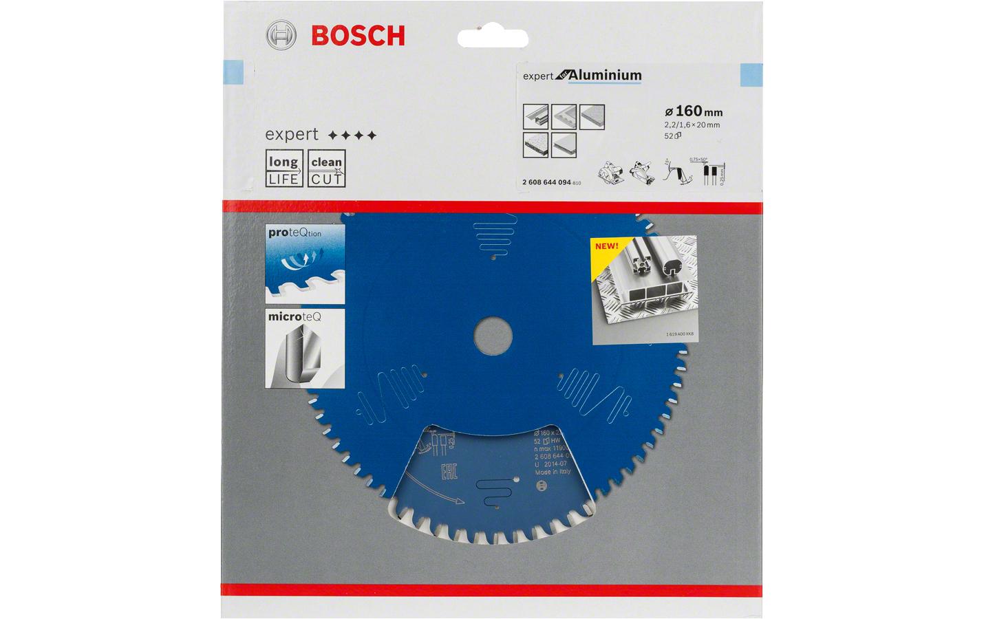 Bosch Expert Kreissägeblatt 160 × 20 × 2,2 mm, 52 Zähne Hartmetall (TCT) – für Aluminium – 1 Stk