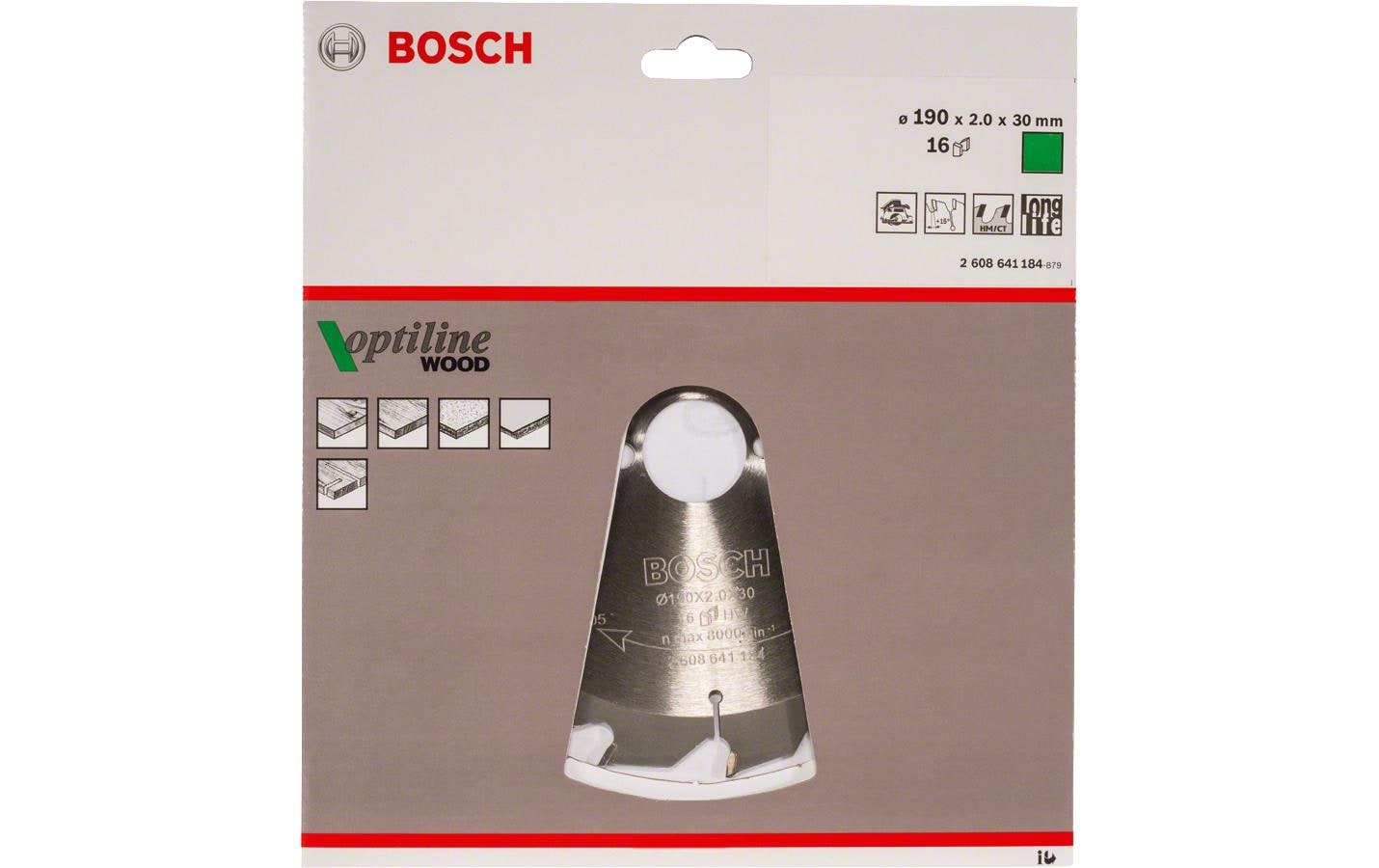 Bosch Optiline Wood Kreissägeblatt 190 × 30 × 2 mm, 16 Zähne – für Holz