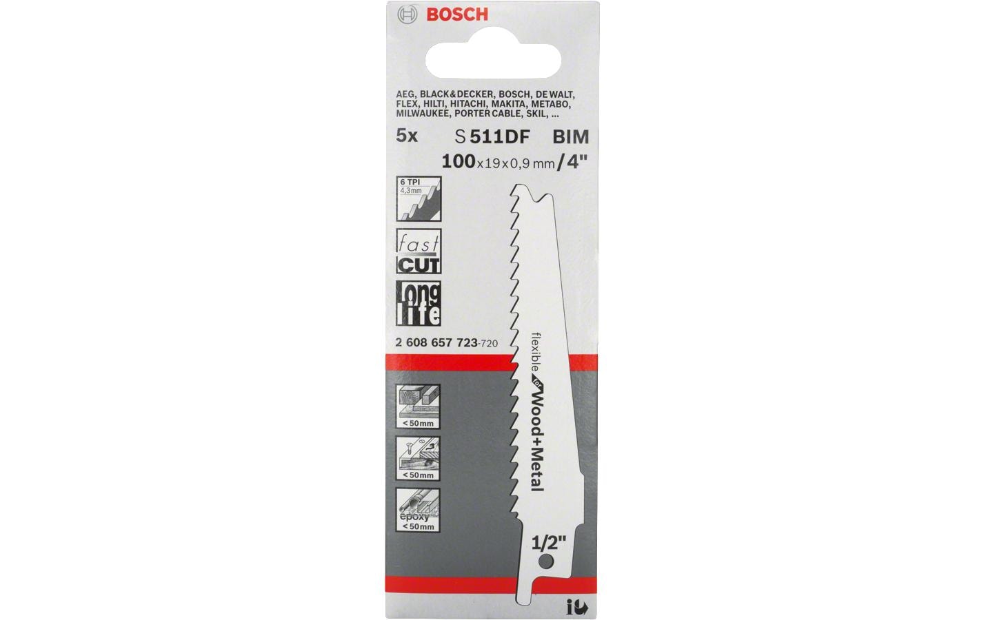 Bosch S 511 DF Sägeblatt – für Holz, Metall, Kunststoff u. a. – 5 Stk
