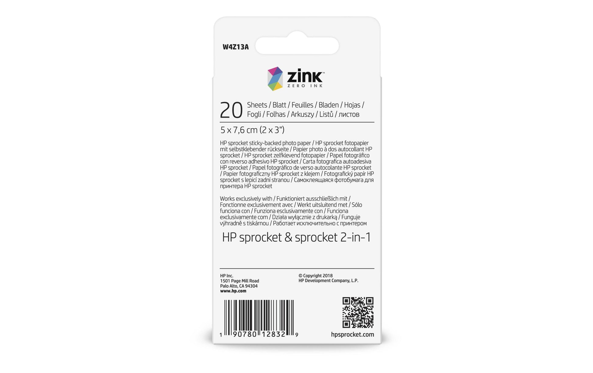 HP Fotopapier – glänzend, 50 × 76 mm, 290 g/m², 20 Blatt, einseitig, selbstklebend – für HP Sprocket Studio
