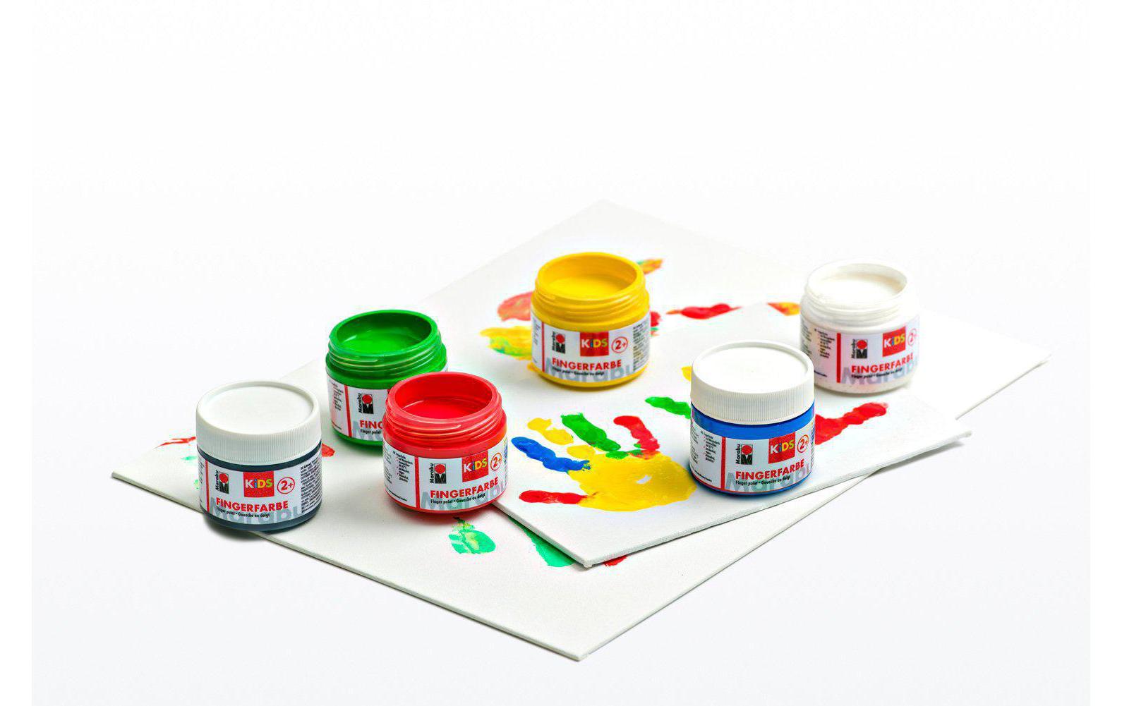 Marabu KiDS Fingerfarben – Schwarz, Blau, Grün, Rot, Weiss, Gelb – 6 Farben, 6×100 ml (600 ml)
