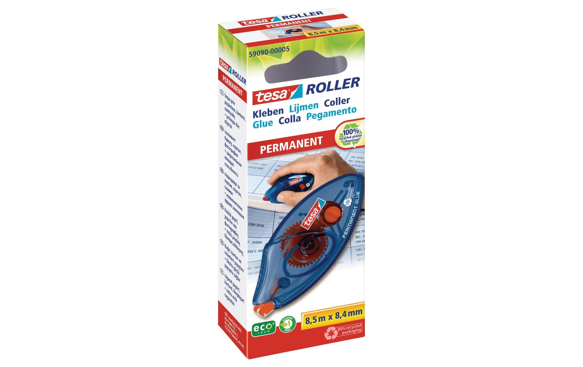 TESA ecoLogo Kleberoller – extra stark, transparent, lösemittelfrei, für Papier, Karton, Fotos