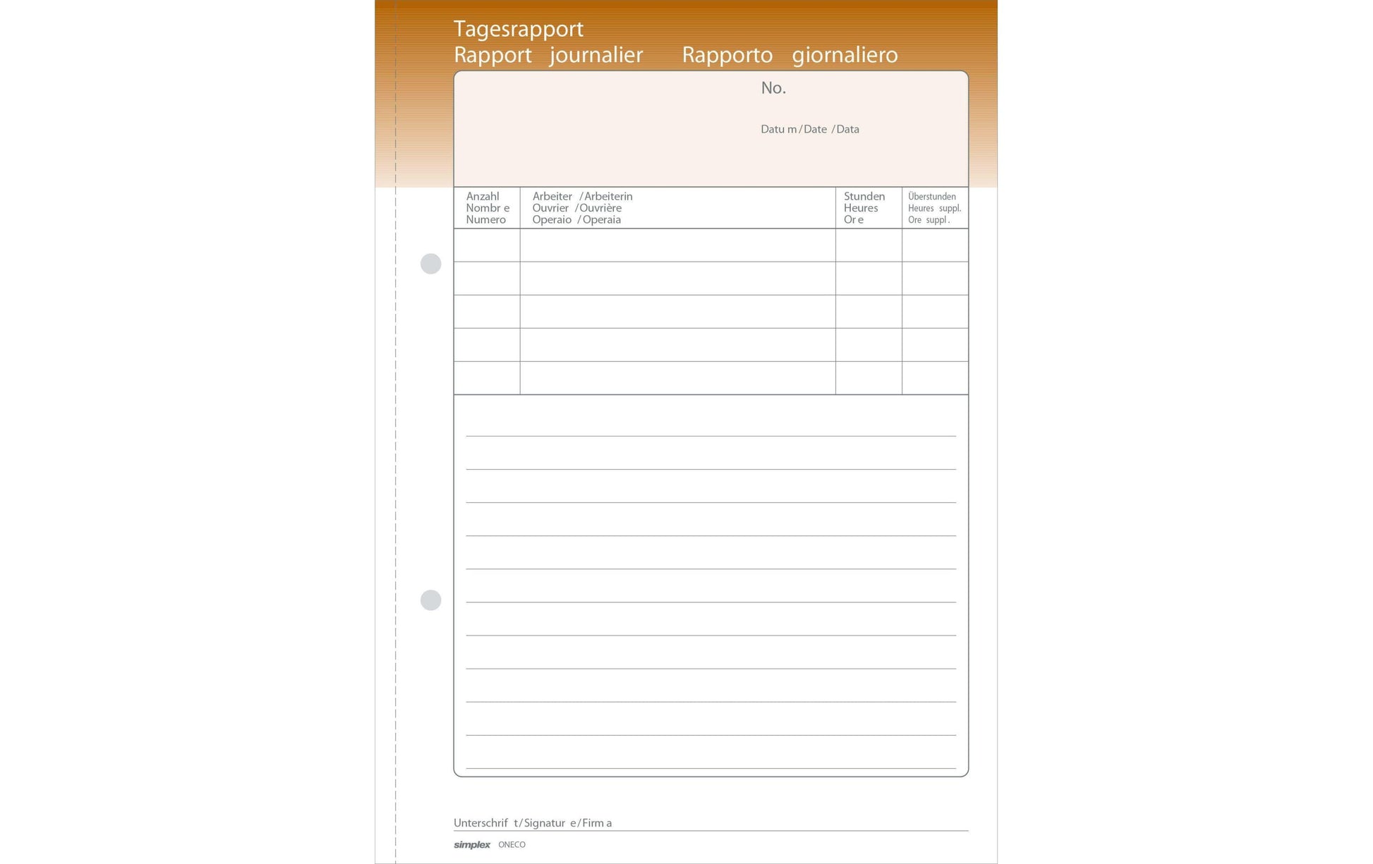 Simplex Formularblock – Tages-Rapporte, mehrsprachig, 50 Blatt, A5