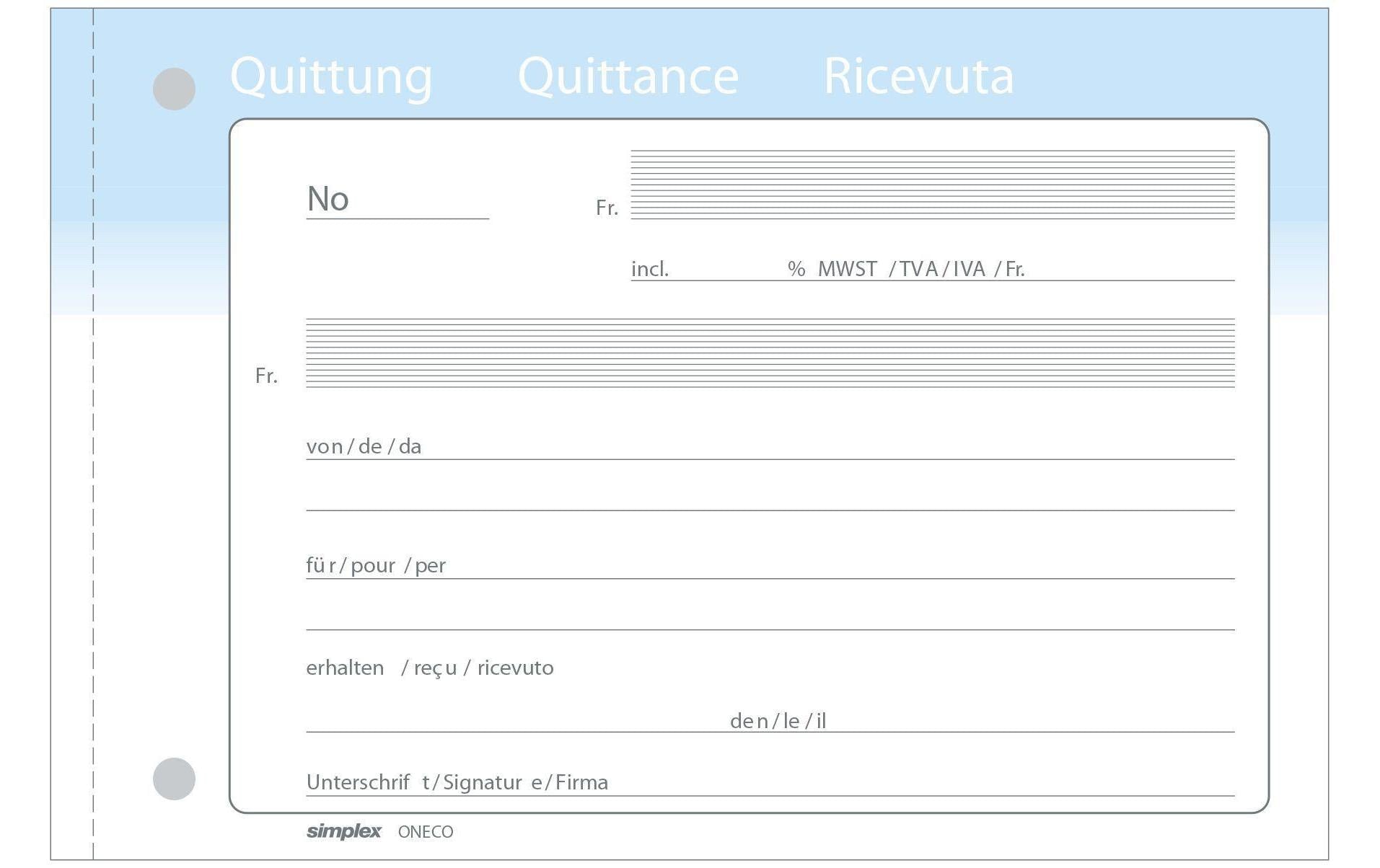 Simplex Formularblock – Quittungen, Deutsch, Französisch, Italienisch, 100 Blatt, A6