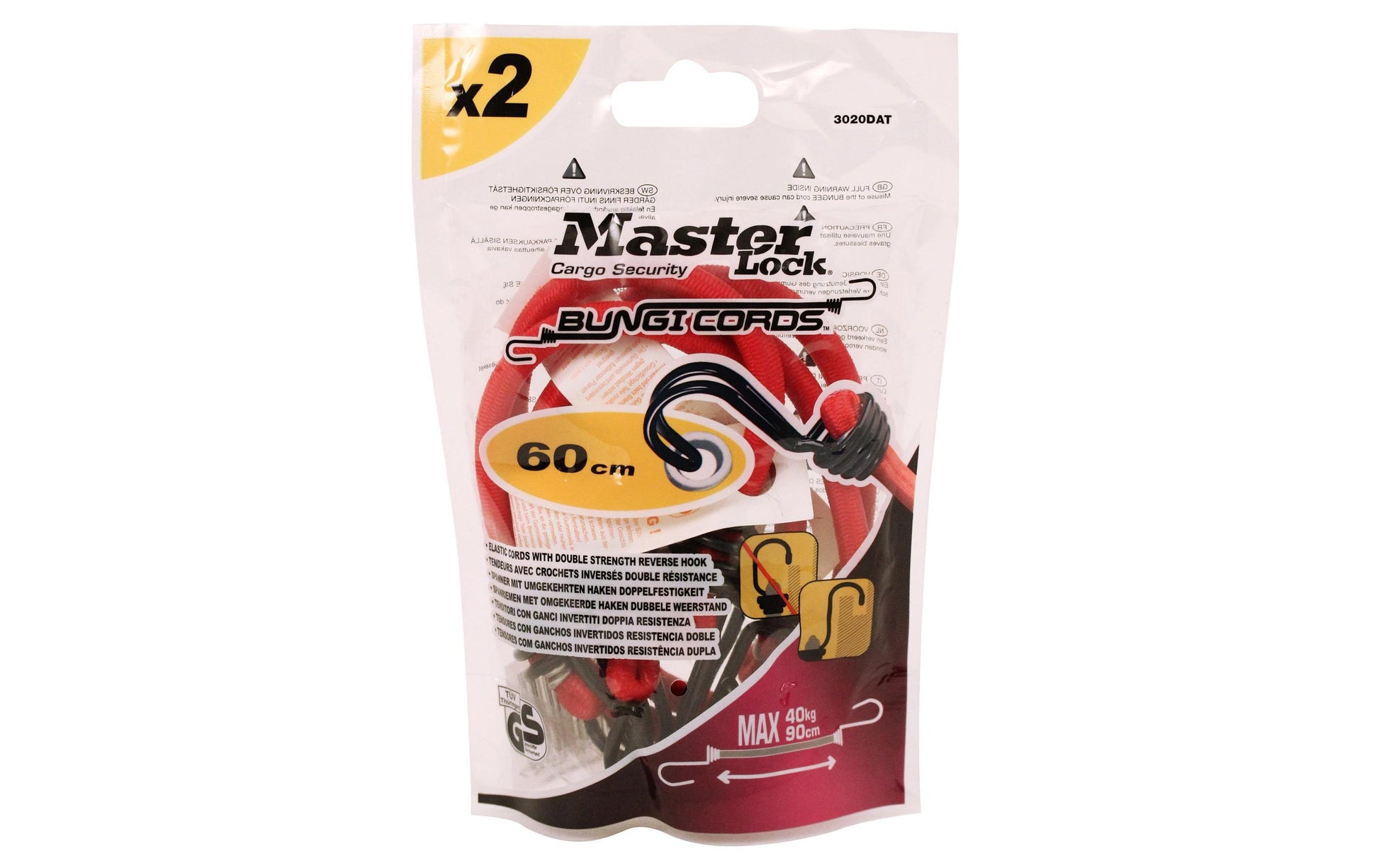 MASTER LOCK Masterlock – Gummi-Spannseil, 0,6 m, Ø 8 mm, Zurrkraft 40 kg, 2 Stk., Rot, umgekehrte Doppelhaken – für Auto