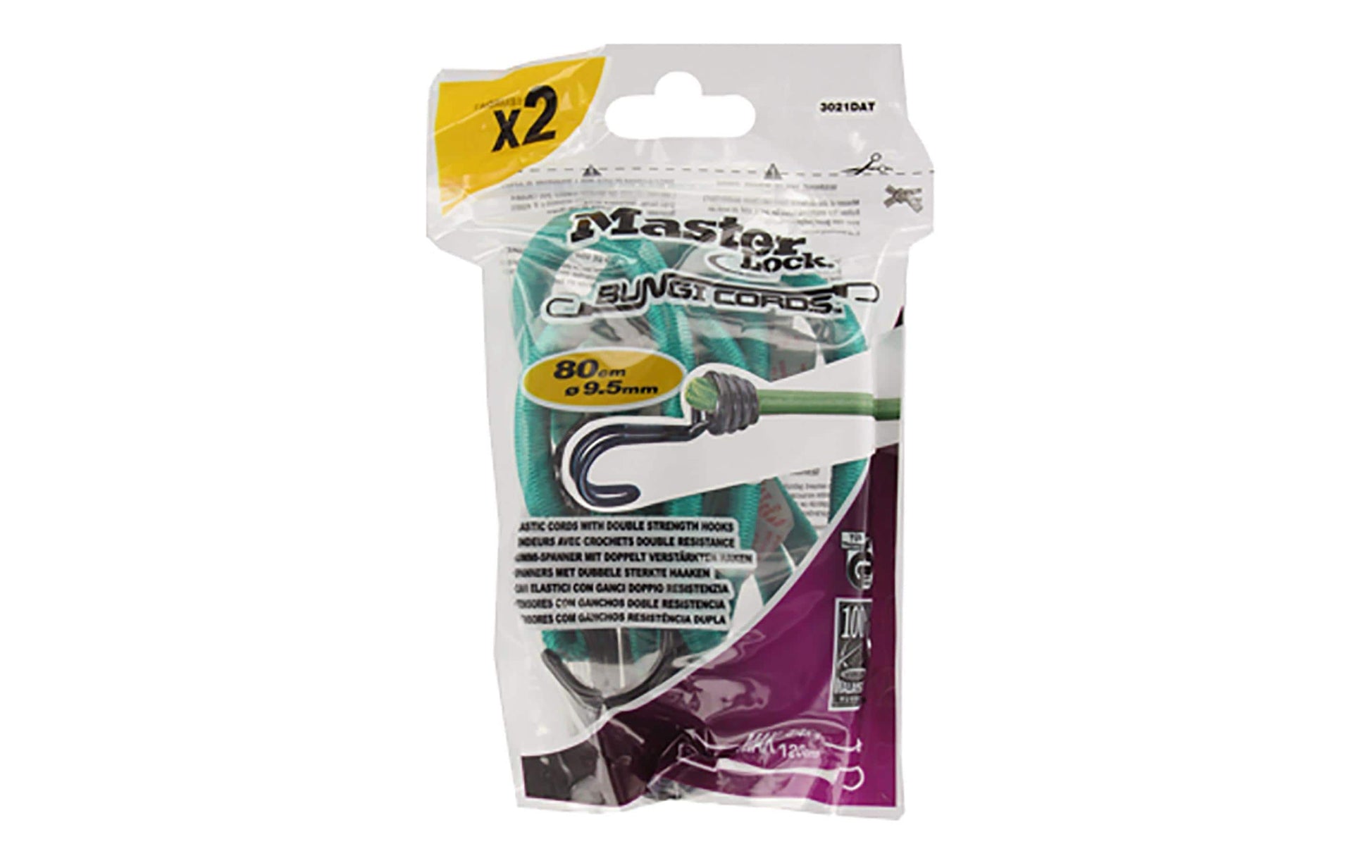 MASTER LOCK Masterlock – Gummi-Spannseil Ø 8 mm × 0,8 m, Gummi, grün, mit umgekehrten Doppelhaken, 2 Stk.
