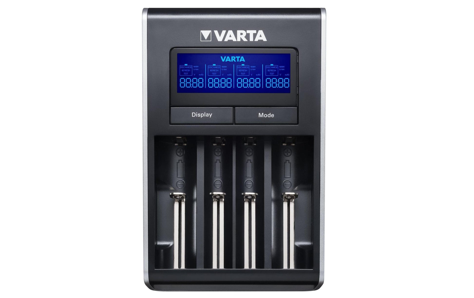 Varta LCD Dual Tech Charger Batterieladegerät 4× – für AA/AAA (Li‑Ion, NiMH) – LCD, USB‑A×1 5V/1A