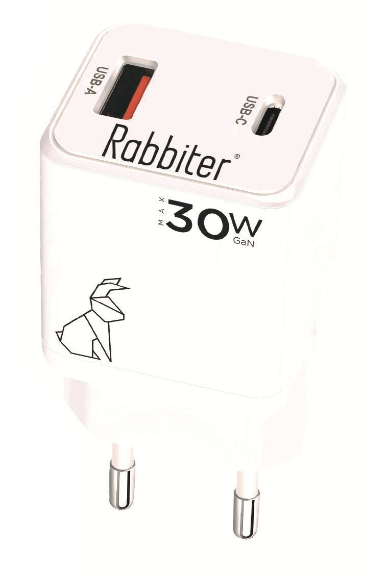 Rabbiter Power Mini Dual-Charger USB-Ladegerät 30 W – USB-C×1, USB-A×1 – PD, GaN – Weiss
