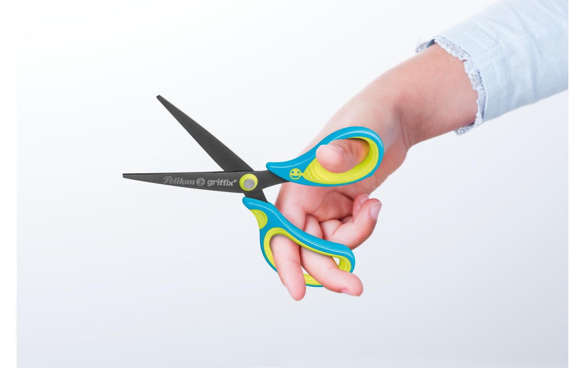 Pelikan Griffix Kinderschere 14,0 cm, spitz, für Rechtshänder – Edelstahl, ergonomischer Griff, Blau/Gelb