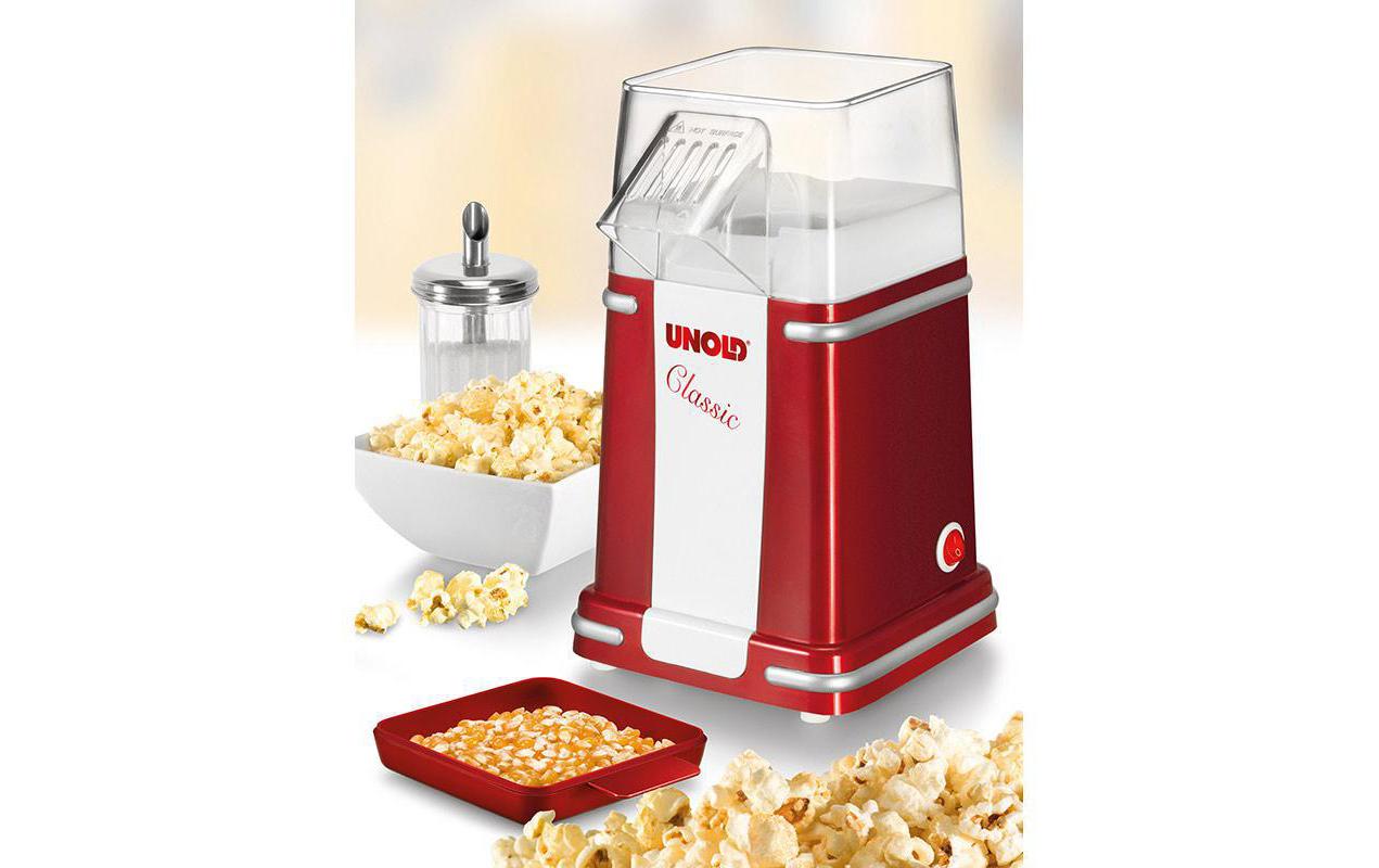 Unold Popcornmaschine Classic 48525 – 100 g, 900 W, Deckel als Messbecher – rot/silber/weiss