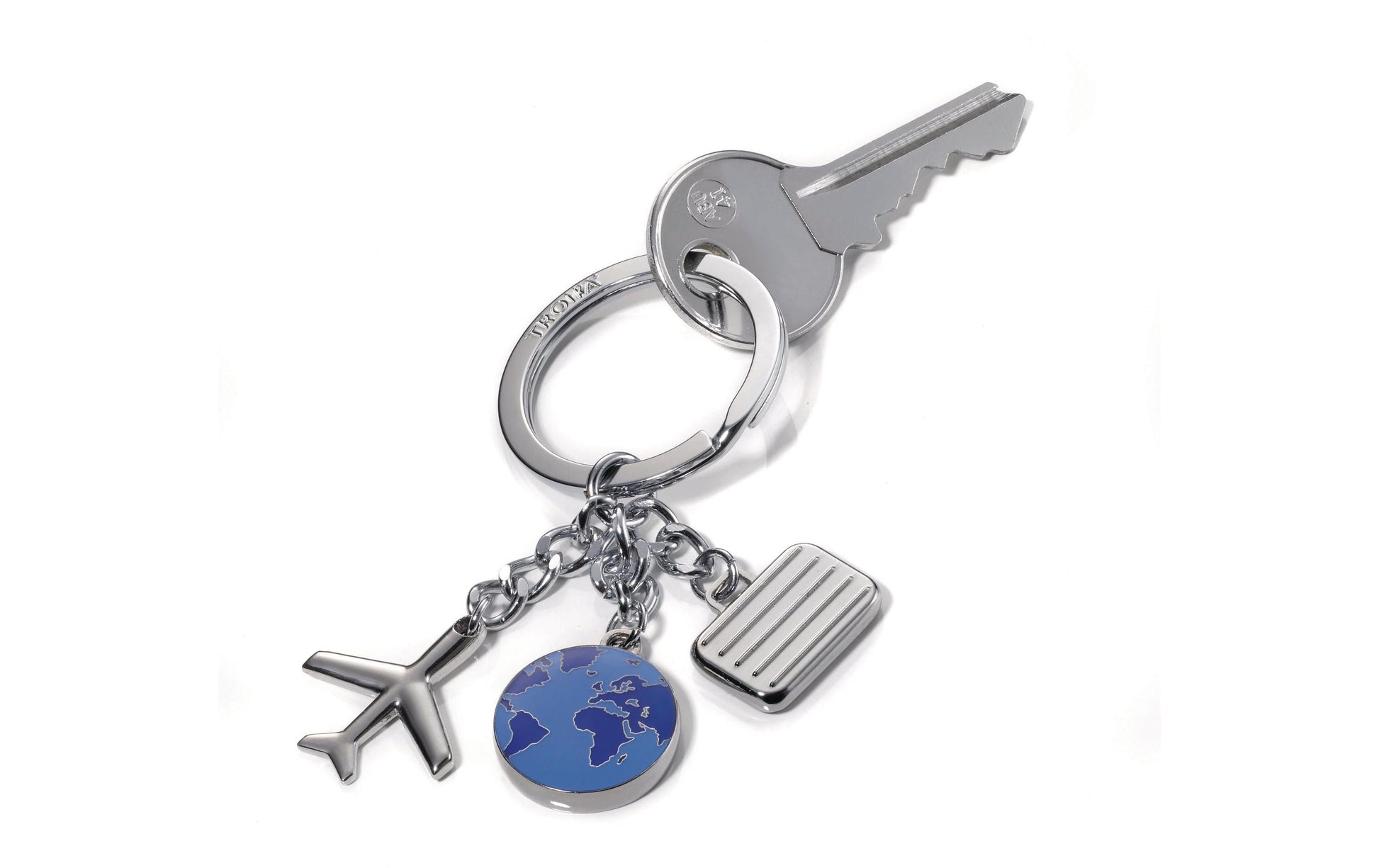 TROIKA Schlüsselanhänger Weltenbummler, Weltkugel – Chrom/Metall, Blau/Silber, 35 × 85 mm