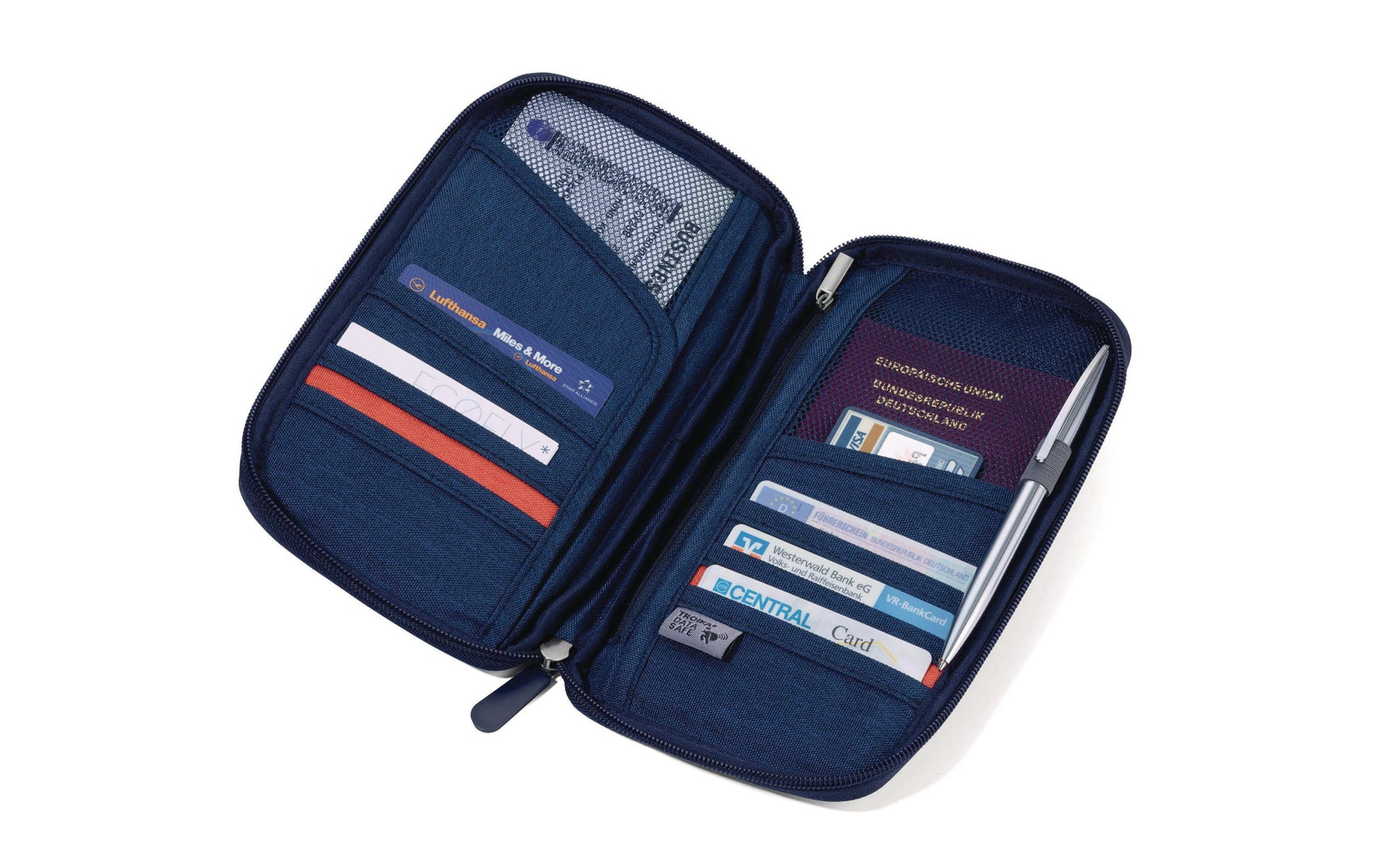 TROIKA Reise-Organizer – mit RFID-Schutz, Polyester, Blau, 243 × 22 × 133 mm