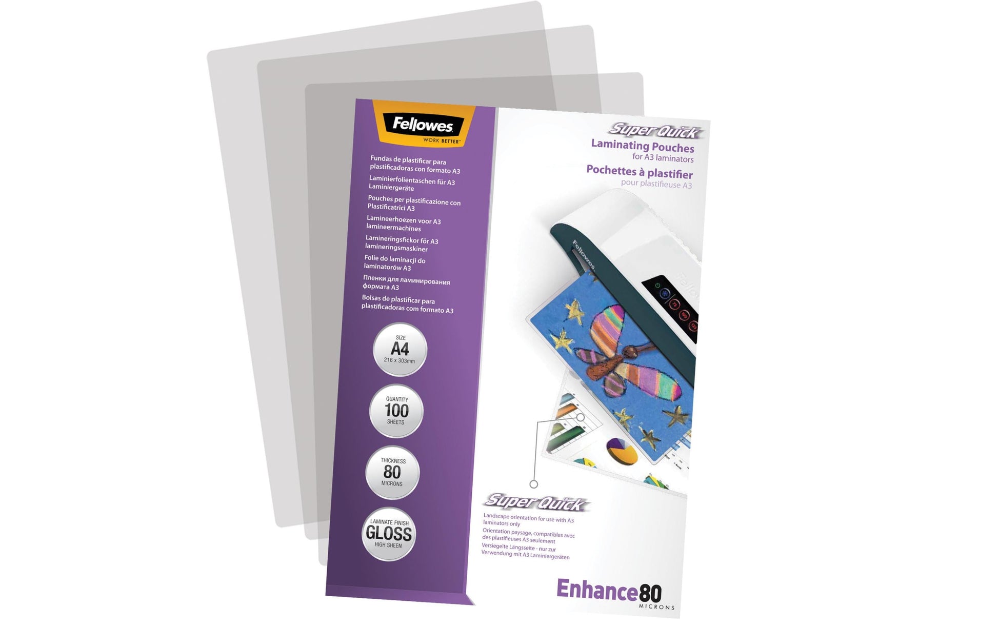 Fellowes Laminierfolien A4, glänzend – 80 µm, 216 × 303 mm, 100 Stk.