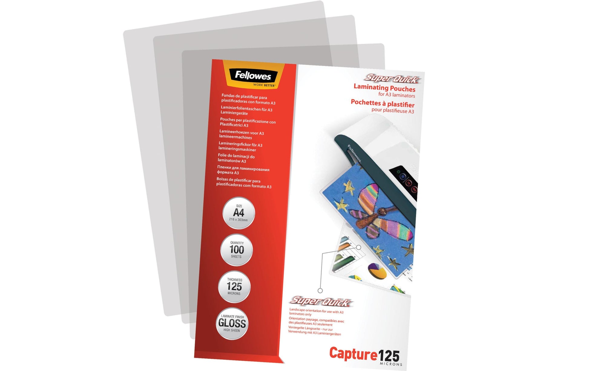 Fellowes Laminierfolien A4, glänzend – 125 µm, 216 × 303 mm, 100 Stk.