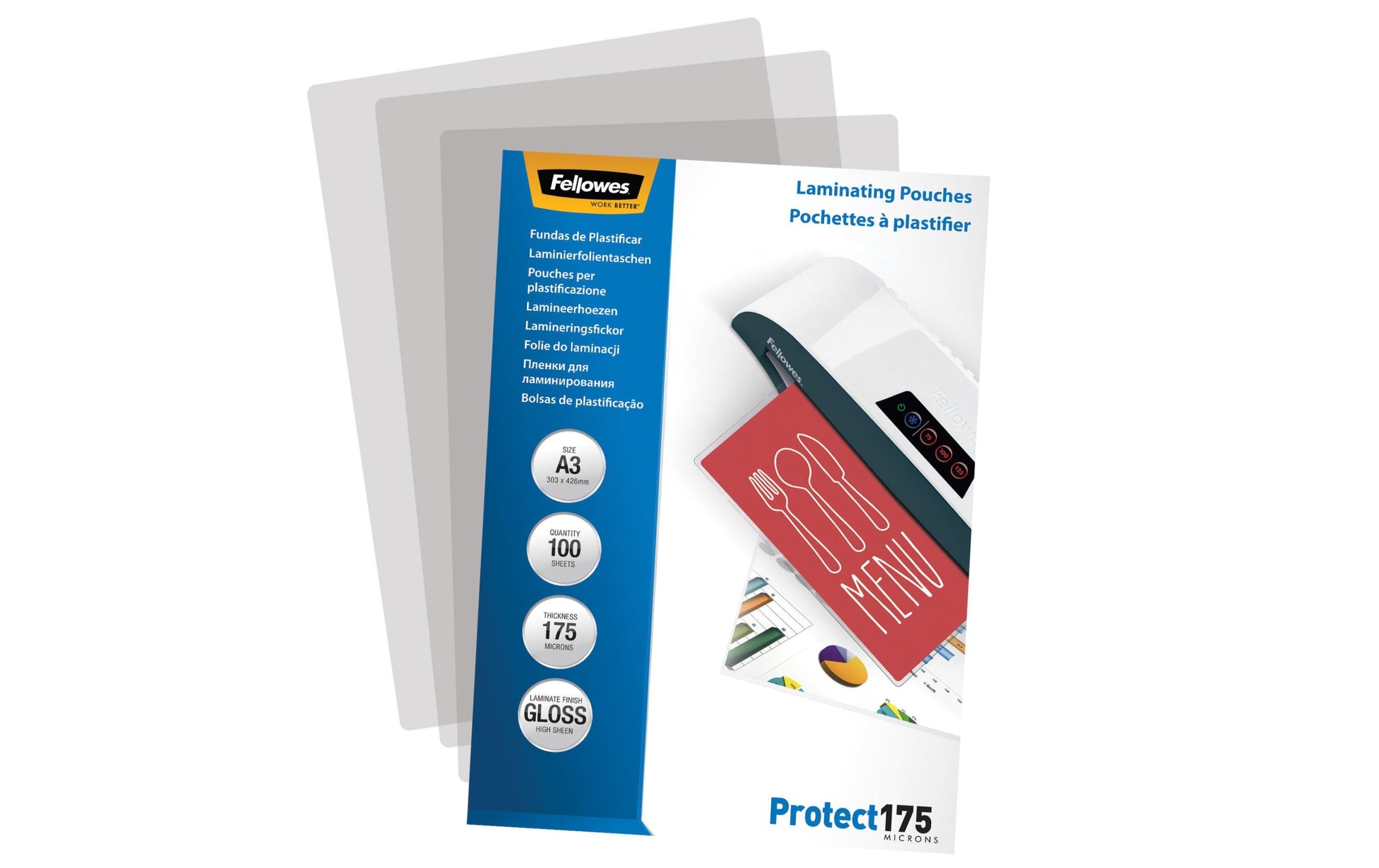 Fellowes Laminierfolien A3, glänzend – 175 µm, 303 × 426 mm, 100 Stk.