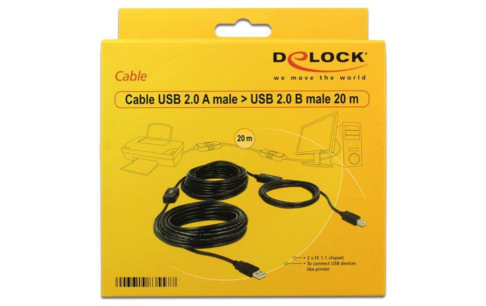 DeLOCK USB-A auf USB-B Kabel – USB 2.0 (480 Mbit/s) – 20 m – Aktiv – Schwarz
