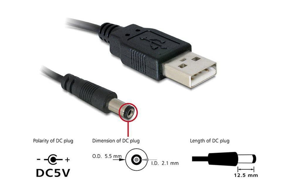 DeLOCK Stromkabel – USB-A auf Hohlstecker 5,5 mm/2,1 mm (Stecker auf Stecker) – USB 2.0 (480 Mbit/s) – 1 m