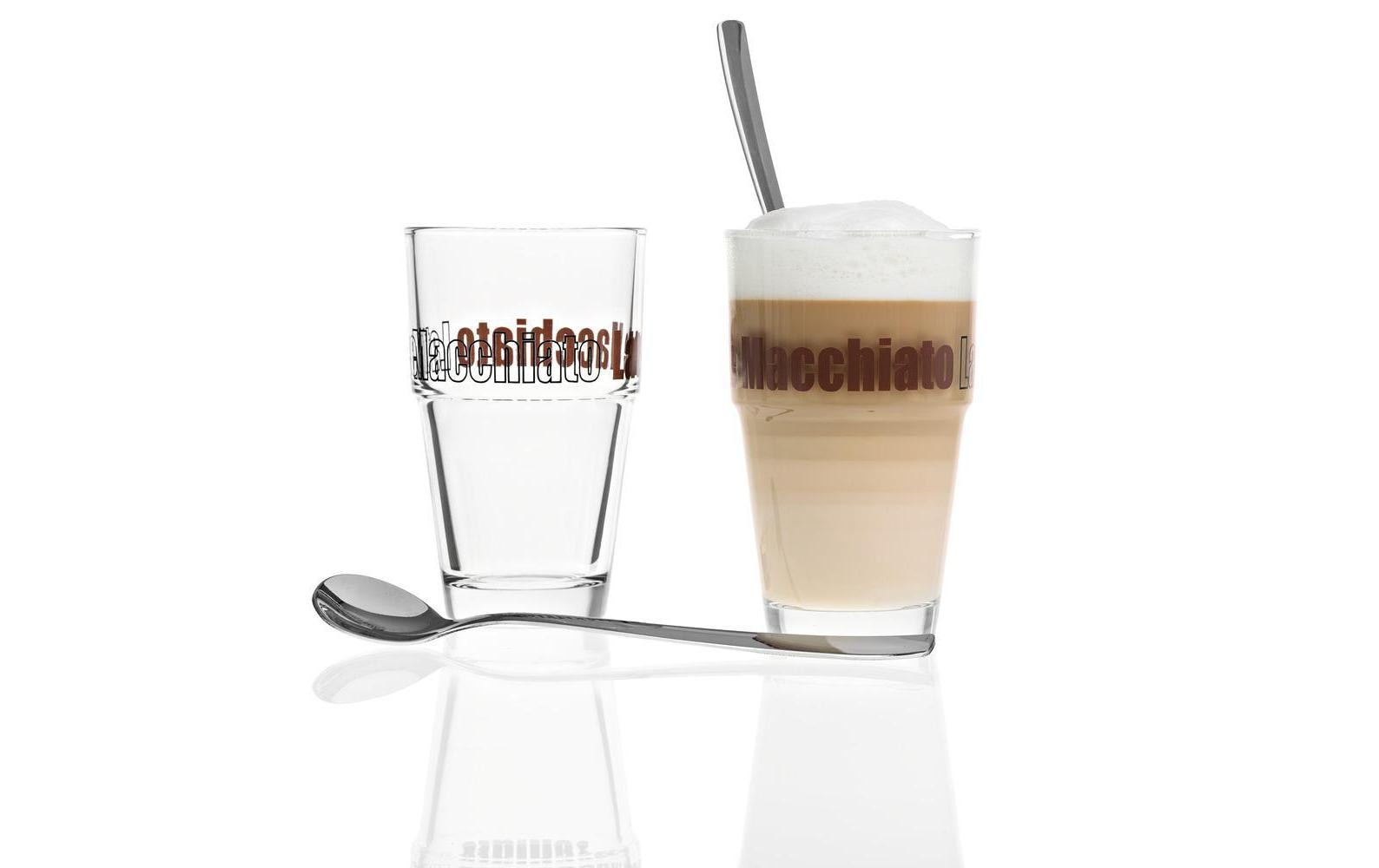 Leonardo Latte Macchiato Glas – 2er Set, 410 ml, Ø 8,4 cm, Transparent, mit Löffeln, spülmaschinenfest