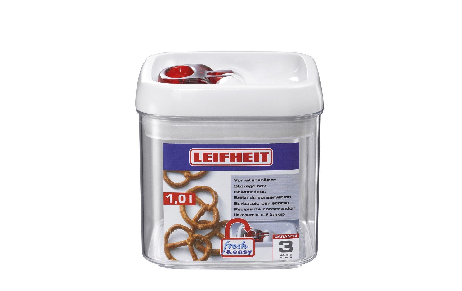 Leifheit Vorratsdose 1 l, 12,8 × 12,8 × 12,8 cm, Kunststoff, patentierte Einhand-Bedienung, transparent