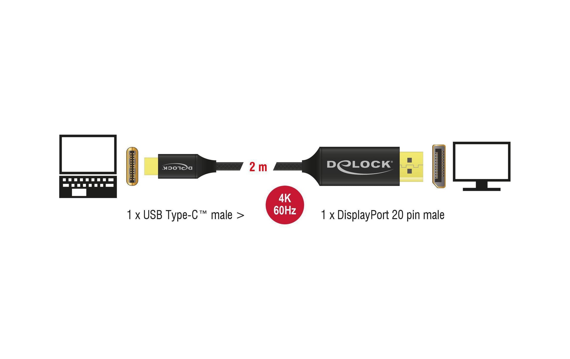 DeLOCK USB-C auf DisplayPort Kabel DP 1.2 4K 60 Hz – 2 m – für Geräte mit USB-C (DisplayPort Alt Mode)