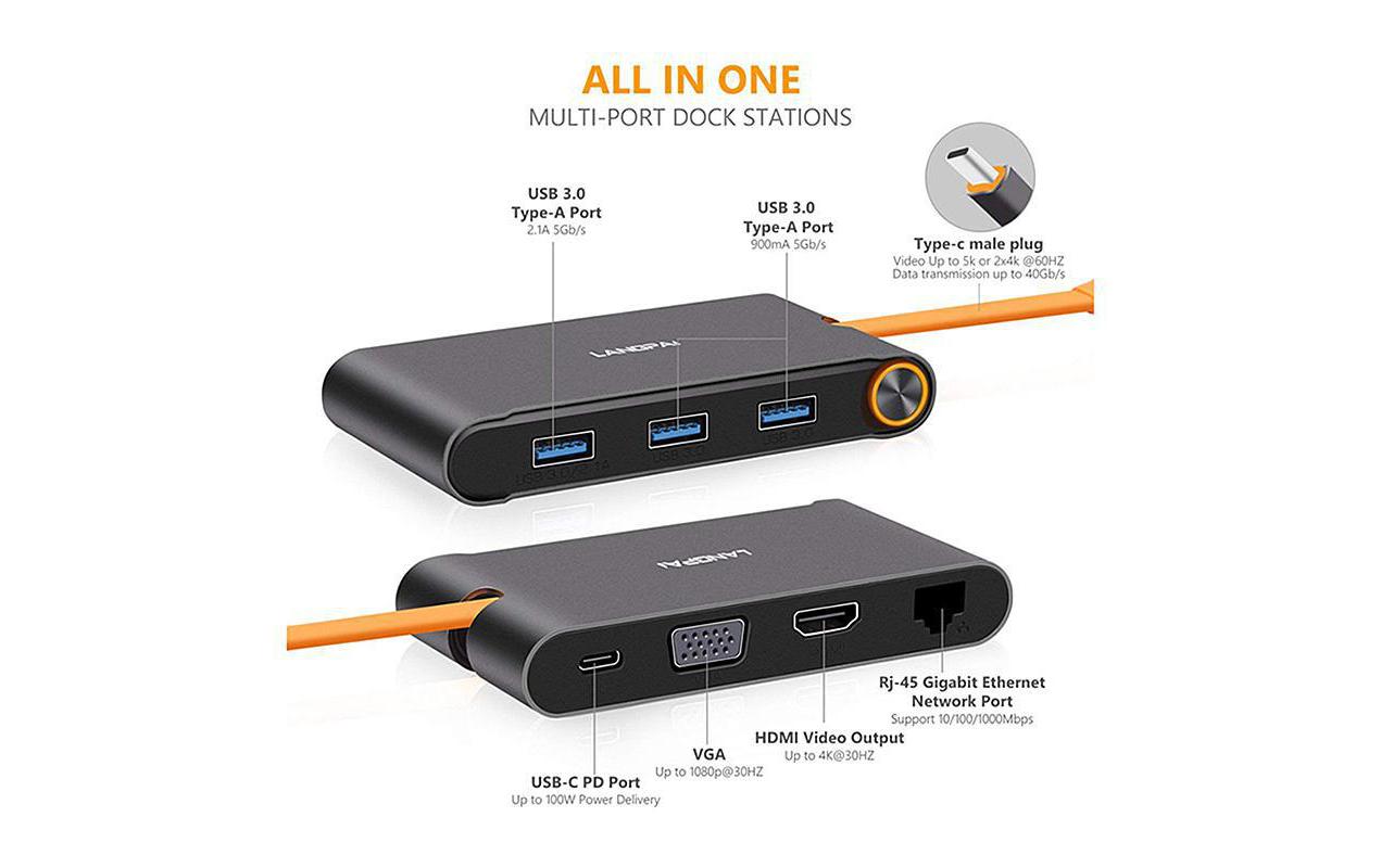 EXSYS EX-1220HM Dockingstation – USB-C, 1× HDMI, 1× VGA, 3× USB-A, GbE, für Windows/Mac/Linux