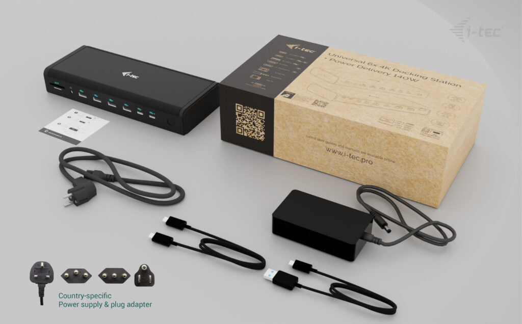 i-tec Universal 6x 4K Dockingstation – USB-C, 2× DP, 2× HDMI, 4× USB-A, 2× USB-C, 140 W PD, 2,5GbE