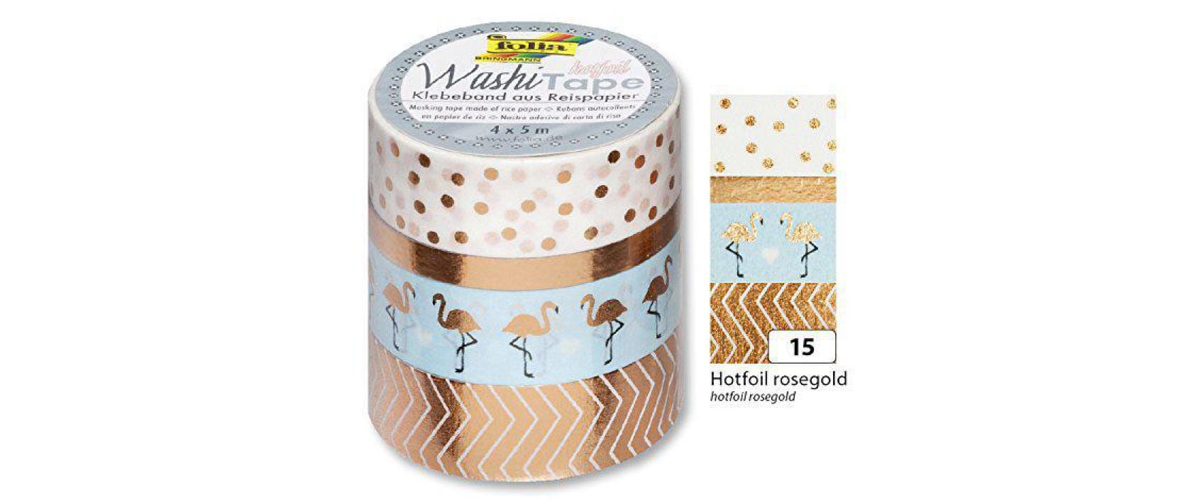 Folia Washi-Tape-Set mit Heissfolienveredelung – sortiert – 5 mm × 5 m, 3 × 15 mm × 5 m – 4 Rollen