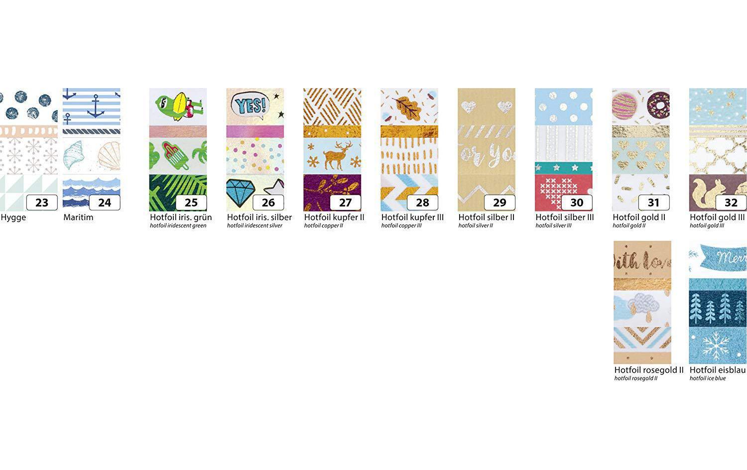 Folia Washi-Tape-Set mit Heissfolienveredelung – sortiert – 5 mm × 5 m, 3 × 15 mm × 5 m – 4 Rollen