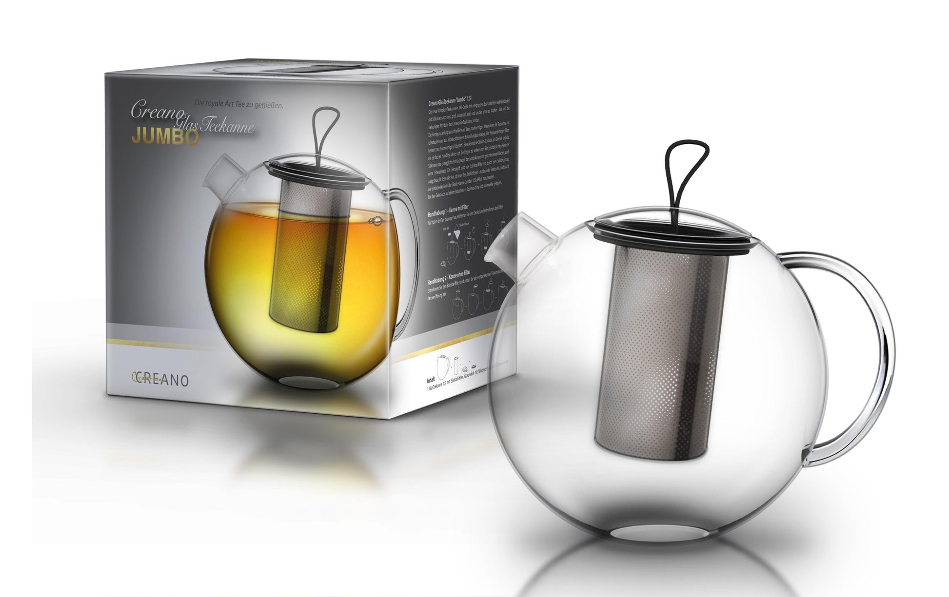 Creano Teekanne – 2 l, Borosilikatglas, transparent, mit Edelstahlfilter, mit Glasdeckel, hitzebeständig