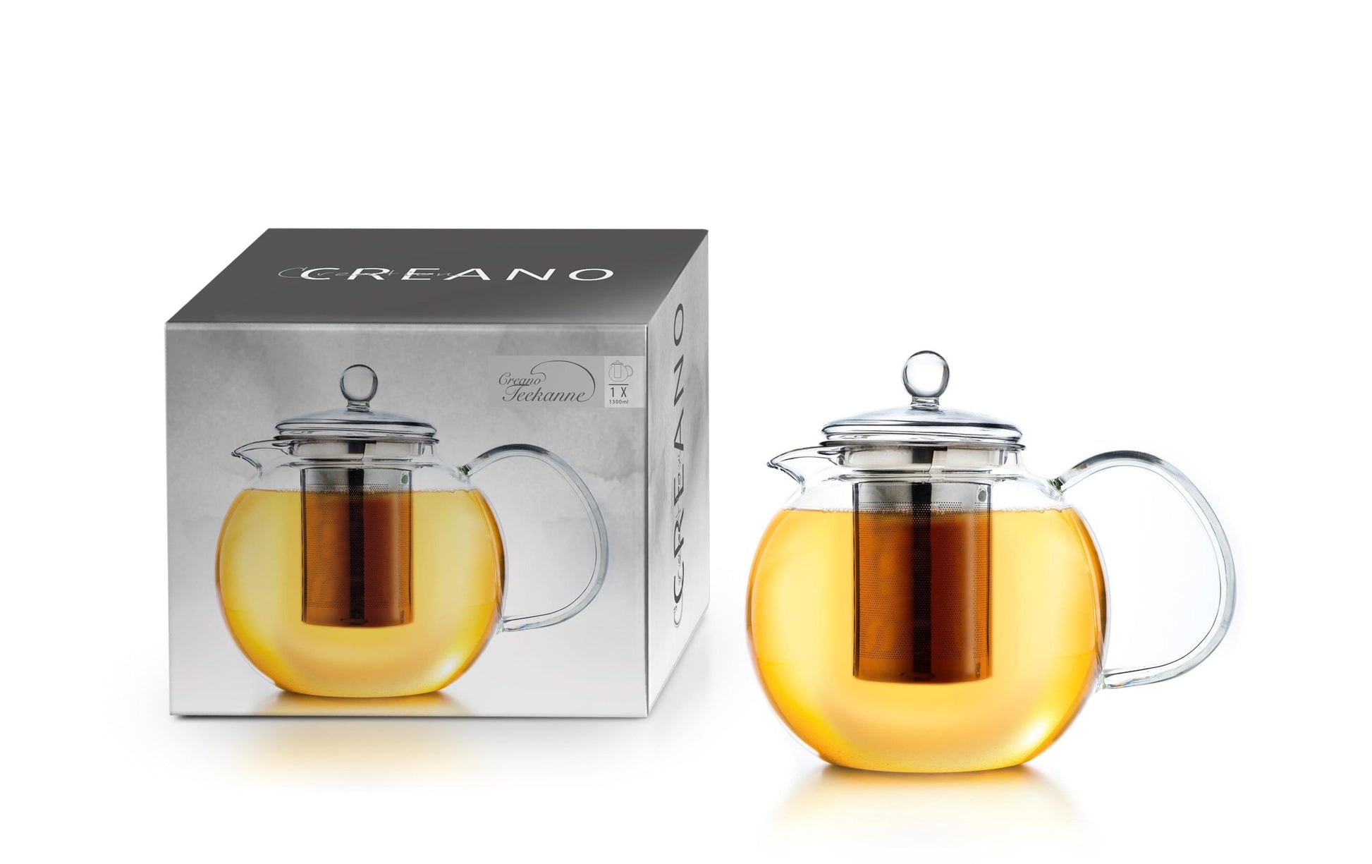 Creano Teekanne – 1,3 l, Borosilikatglas, transparent, mit Glasdeckel, Edelstahlfilter