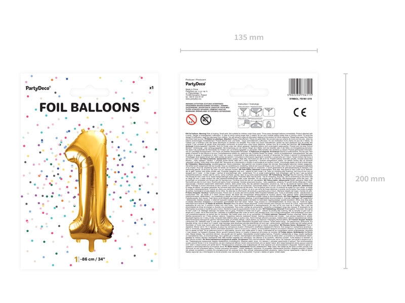 PartyDeco Folienballon Zahl 1 – Gold – 86 cm – Folie – 1 Stück