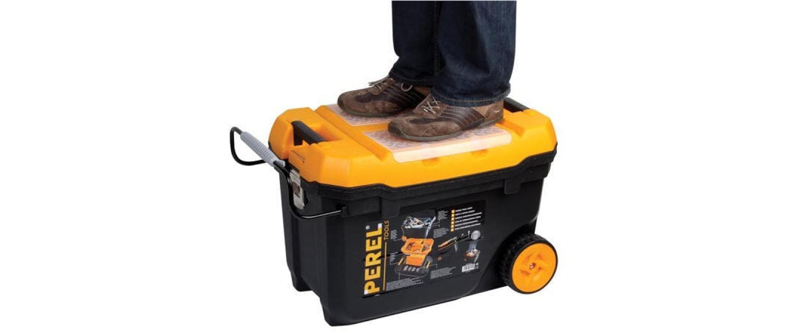 Perel OMTC28 Werkzeugbox – leer, mit Trolley, 2 Rollen, abschliessbar, schwarz/gelb, B 670 × H 400 × T 420 mm