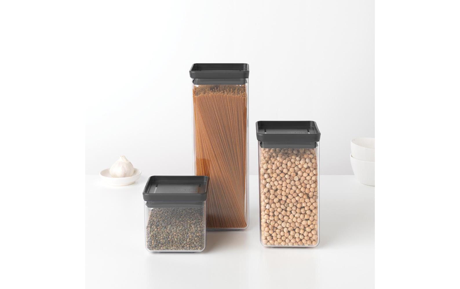 Brabantia Tasty+ – Vorratsdose 2,5 l, 11 × 11 × 29,5 cm, Kunststoff/Silikon, transparent/schwarz