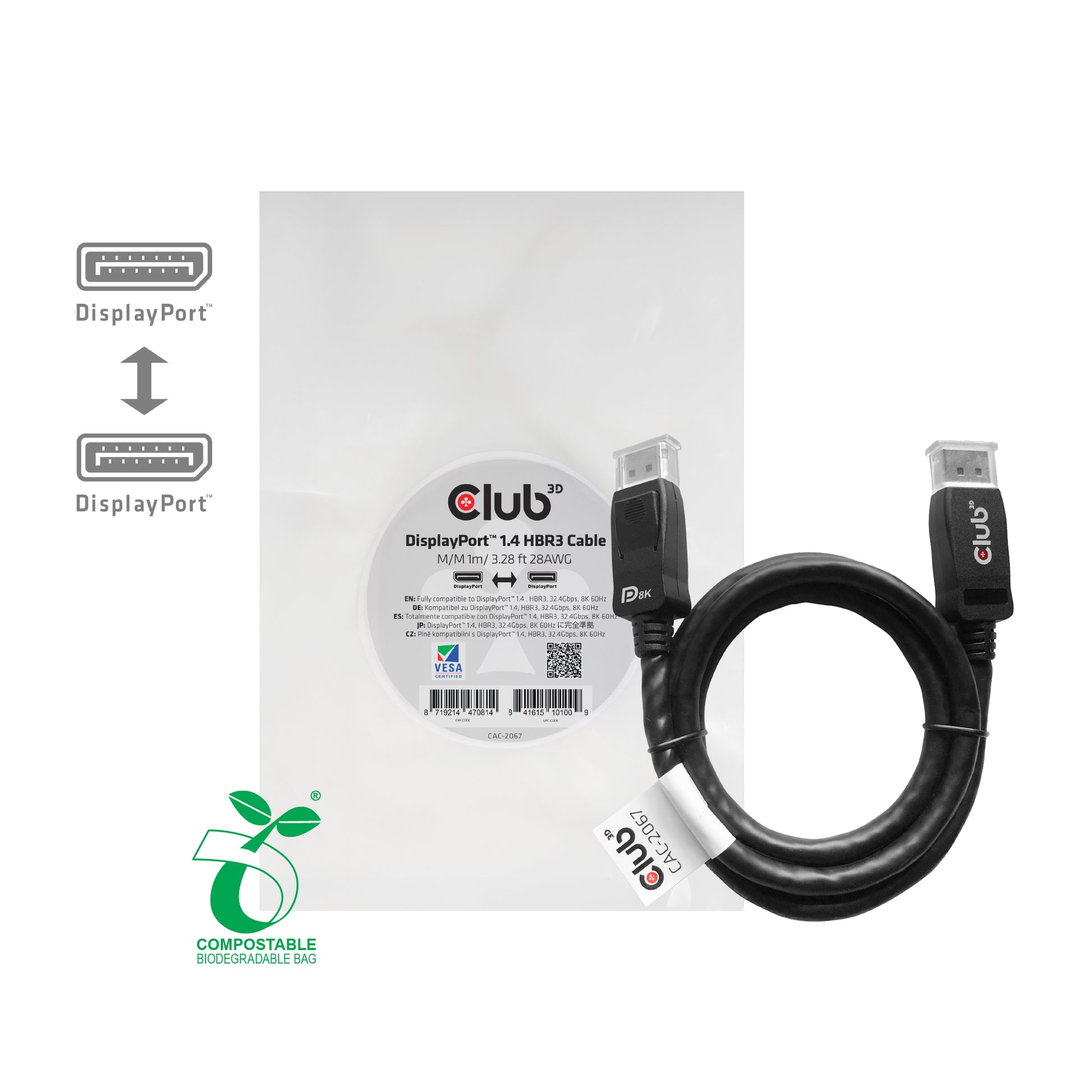 CLUB3D DisplayPort-zu-DisplayPort Anschlusskabel – 1 m, DisplayPort 1.4, Schwarz