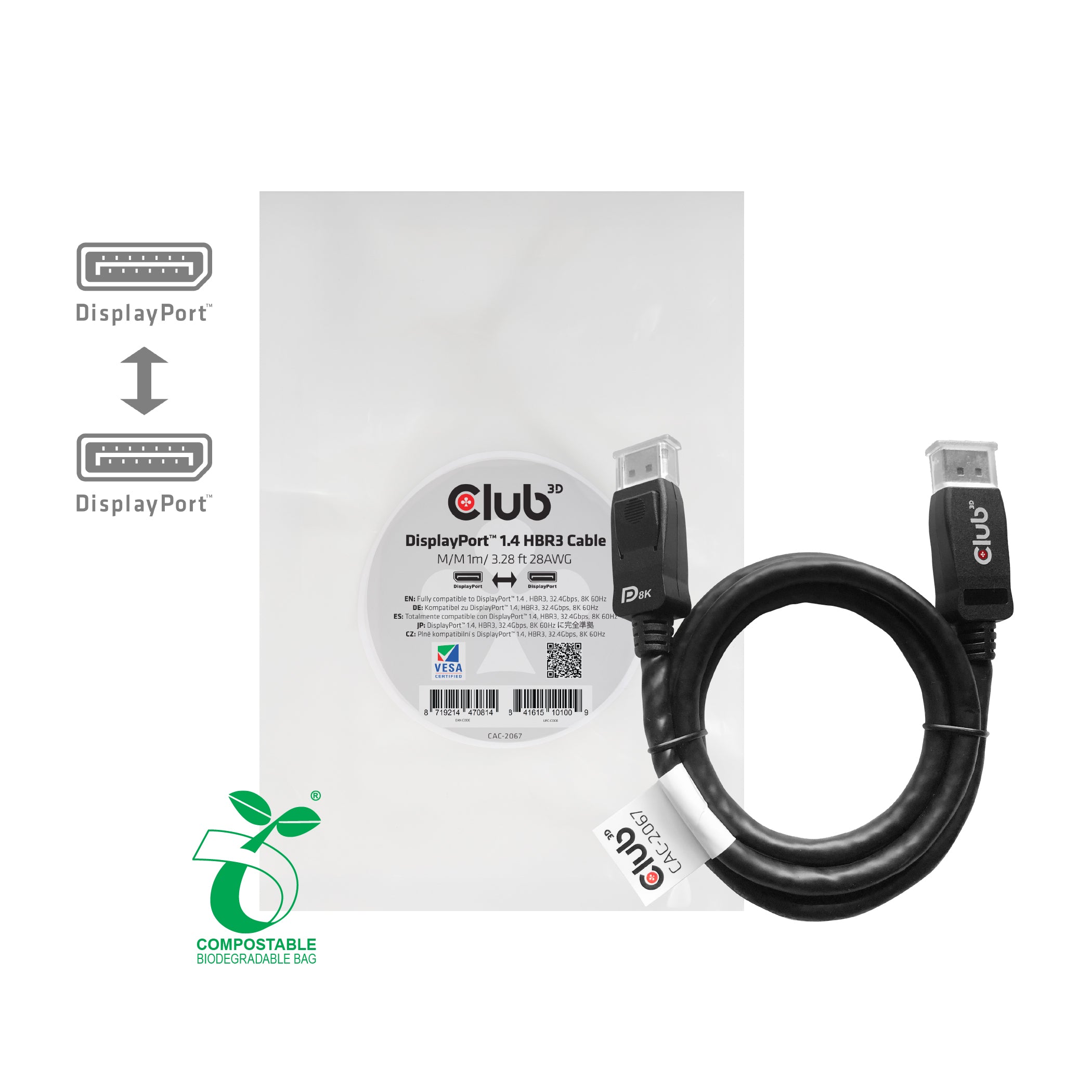 CLUB3D DisplayPort-zu-DisplayPort Anschlusskabel – 1 m, DisplayPort 1.4, Schwarz