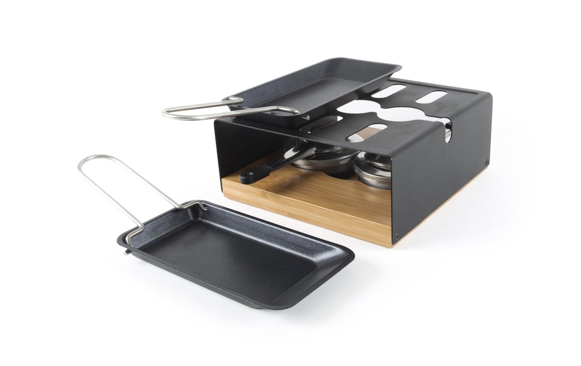 Stöckli Raclette-Grill Multifun – 2 Pastenbrenner, teflonbeschichtet, Metall/Bambusholz – Schwarz/Holz