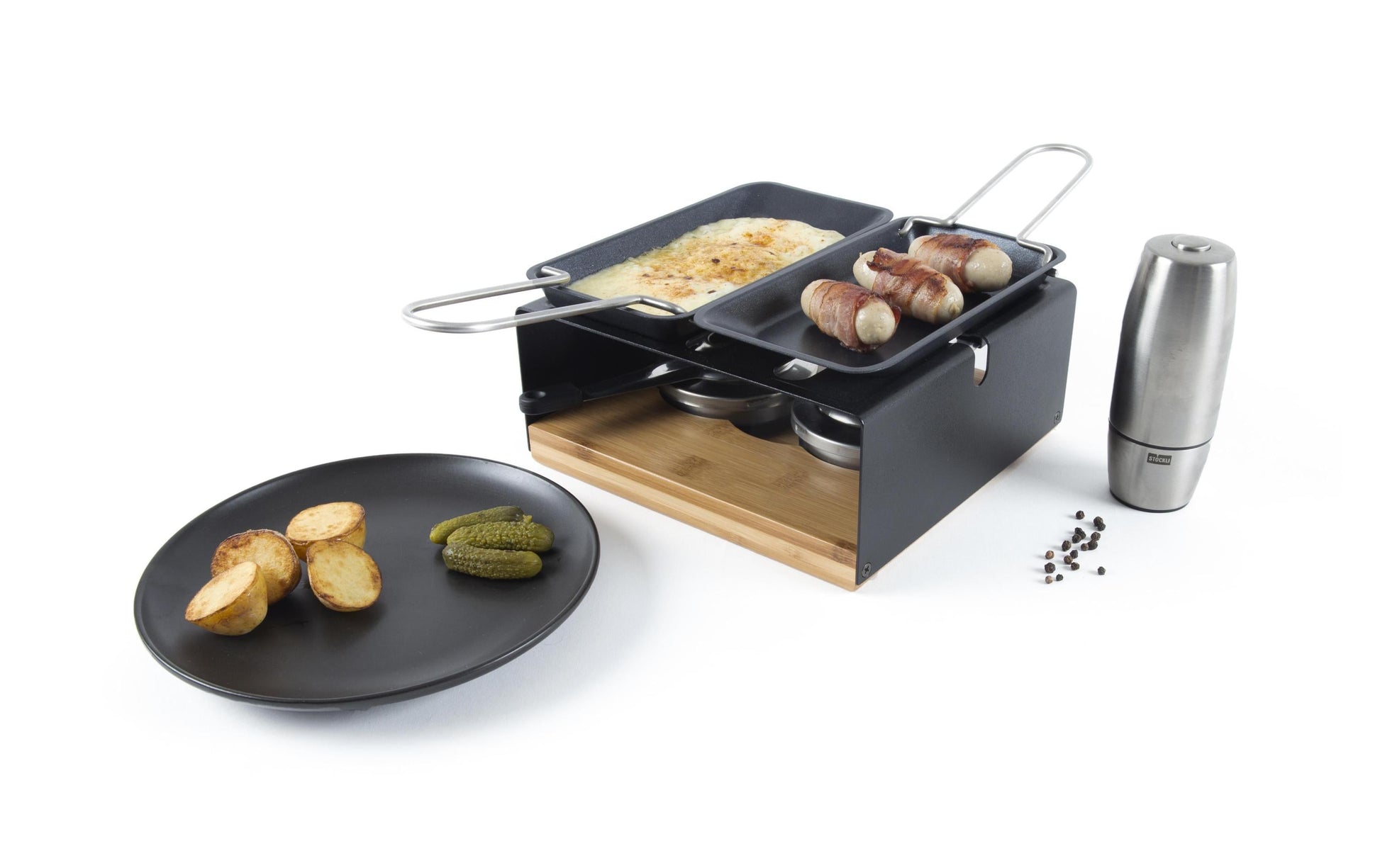 Stöckli Raclette-Grill Multifun – 2 Pastenbrenner, teflonbeschichtet, Metall/Bambusholz – Schwarz/Holz
