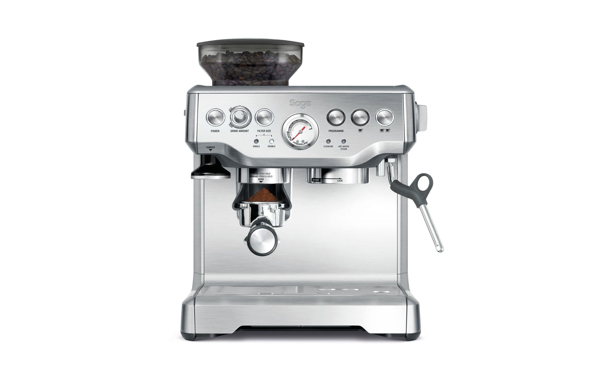 Sage Barista Express Espressomaschine (Siebträger) – 15 bar, 2 l, Milchaufschäumer, Silber