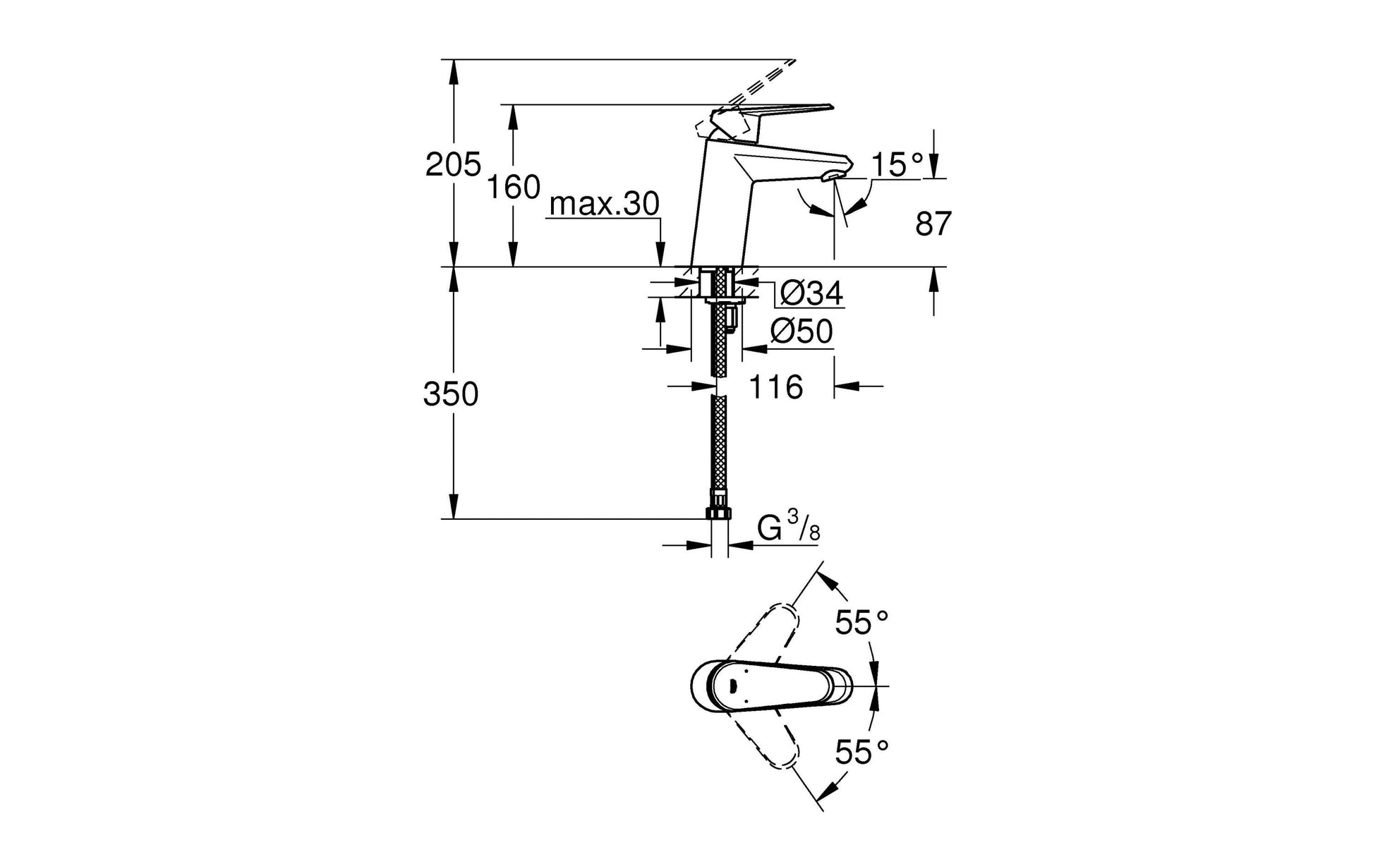 GROHE Eurodisc Cosmopolitan Badebatterie – Einhebelmischer, 18,5×7 cm, Messing, Chrom, für Badewanne