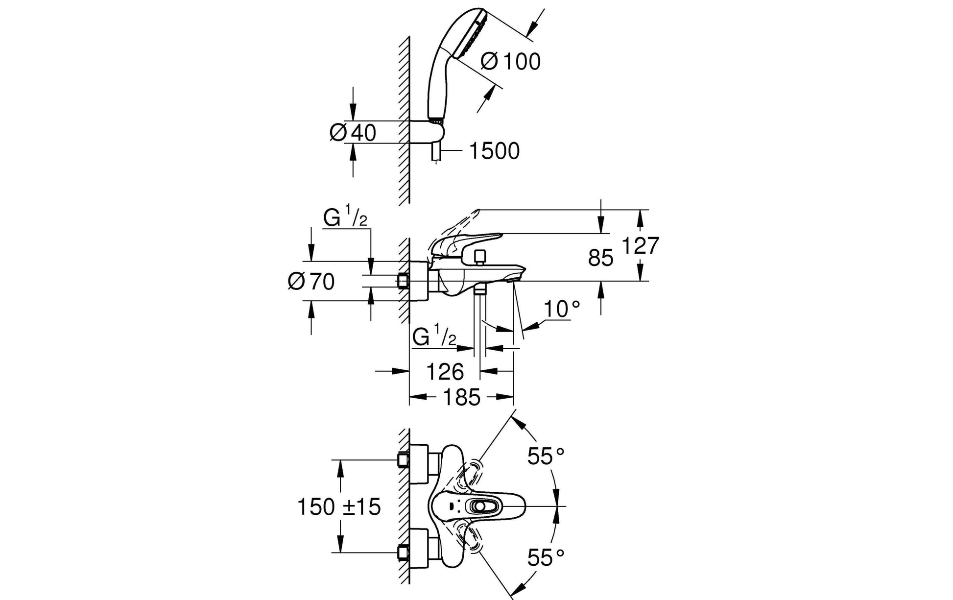 GROHE Eurostyle Badebatterie – 20,4×19,5 cm, Messing, Einhebelmischer, Chrom