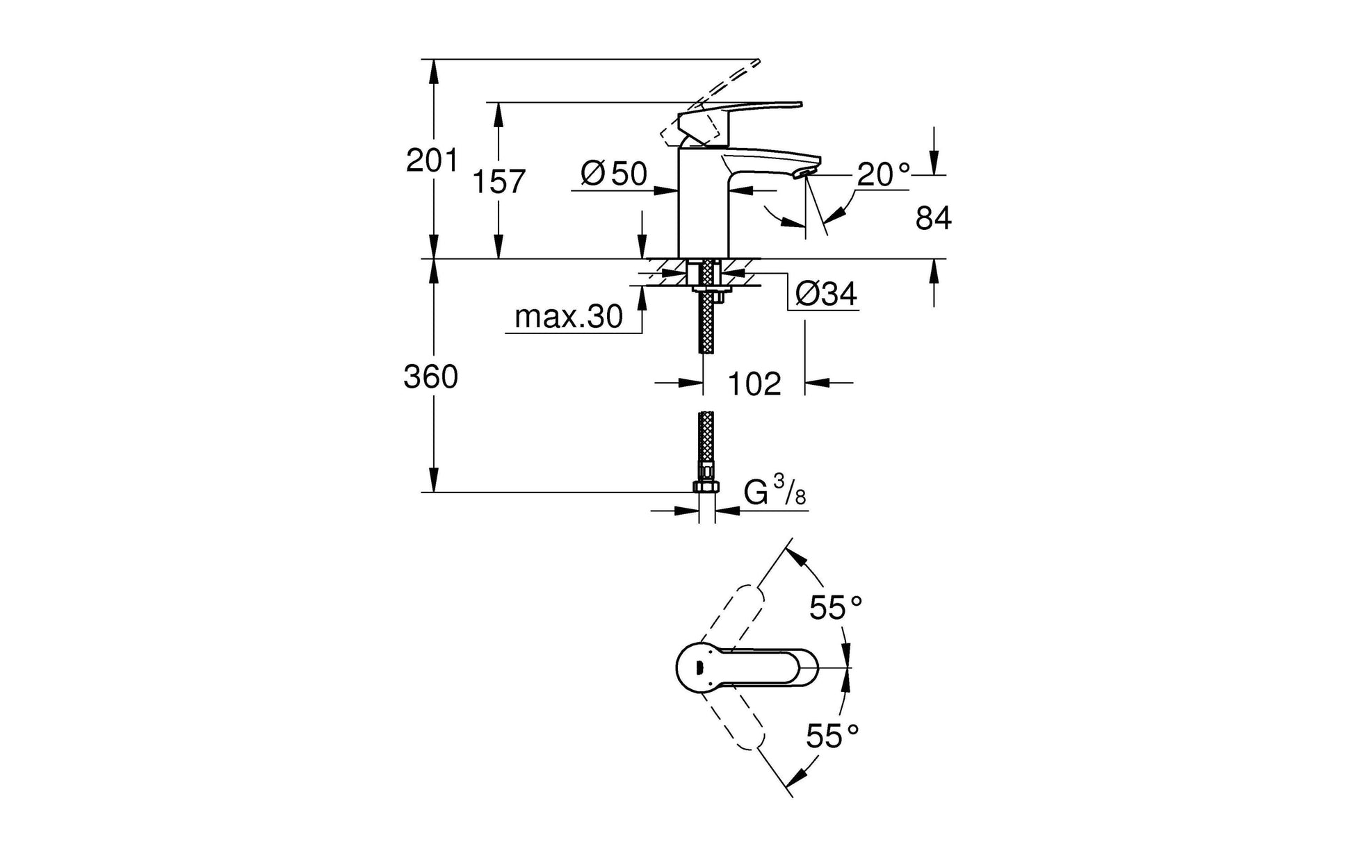 GROHE Eurodisc Einhebelmischer – Höhe 70 mm, Breite 160 mm, Messing, Anschluss 1/2", für Waschbecken