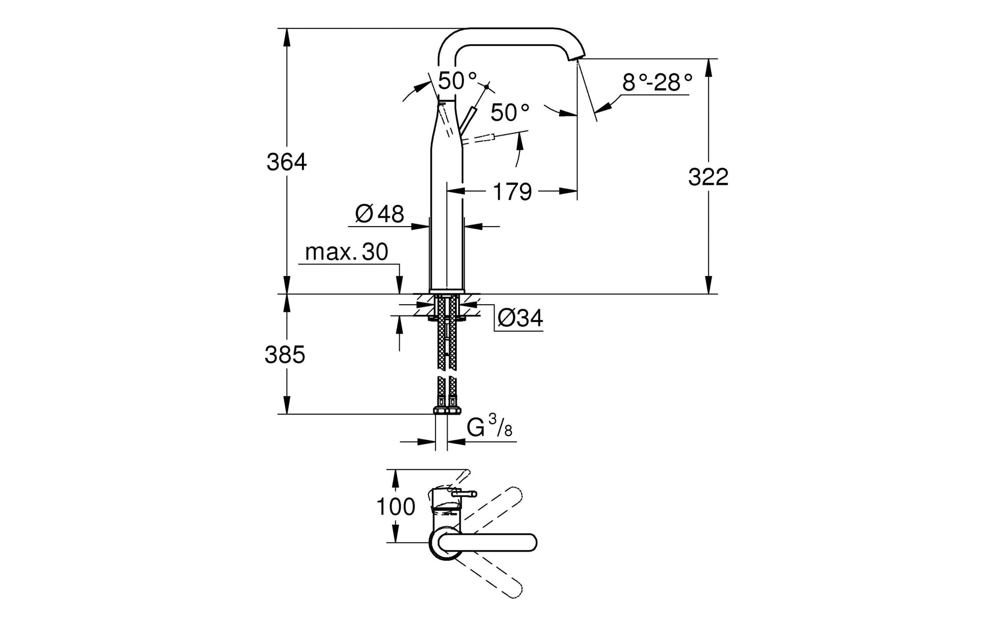 GROHE Essence Einhebel-Waschtischbatterie – 210 × 90 mm, Messing, Chrom, 5,7 l/min, für Waschbecken