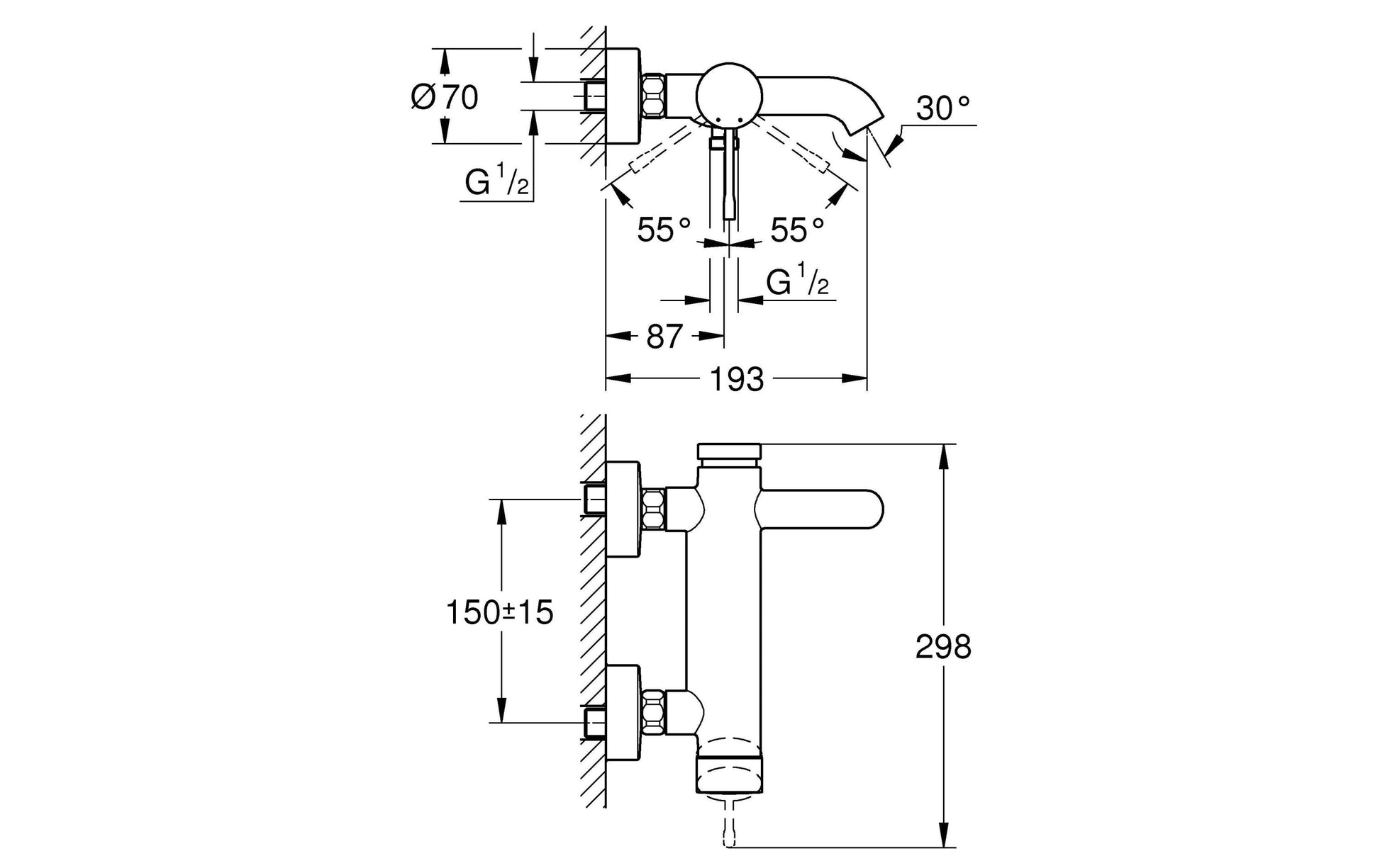 GROHE Essence Badebatterie – Einhebelmischer, Messing, Wandmontiert, Chrom