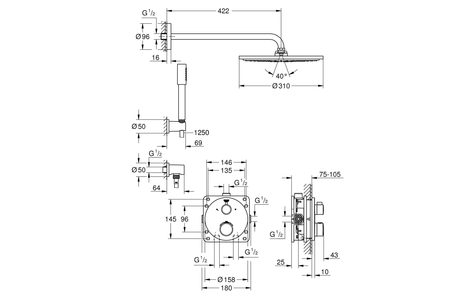GROHE Grotherm Badebatterie – Zweigriffarmatur (Unterputz), Messing, Chrom