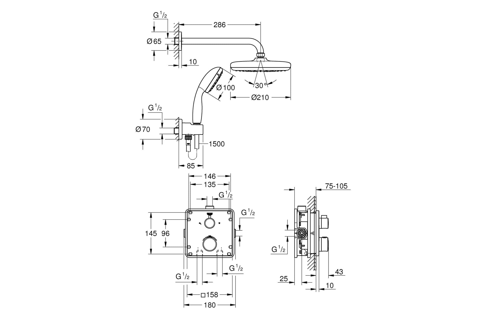 GROHE Grotherm Badebatterie (Unterputz) – Messing, Zweigriffarmatur, Wandmontiert, Chrom