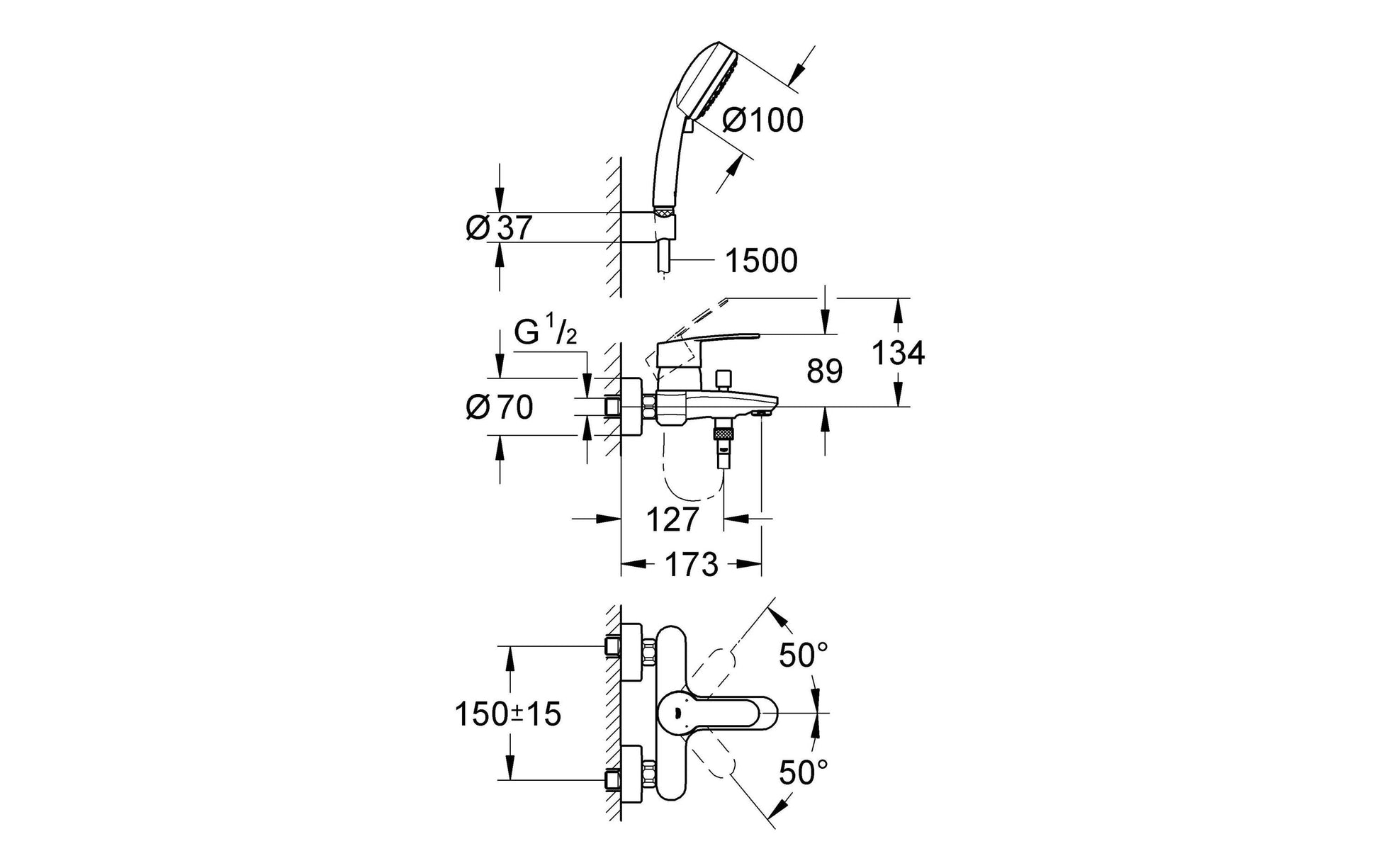 GROHE Eurostyle Cosmopolitan Badewannenbatterie – Einhebelmischer, Messing/Chrom, Wandmontiert, mit Handbrause