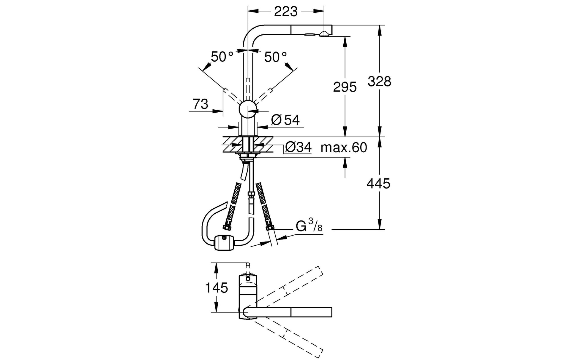 GROHE Minta – Einhebelmischer (Spültischbatterie) 19 × 55 × 8,5 cm, Messing, Chrom, ausziehbare Brause
