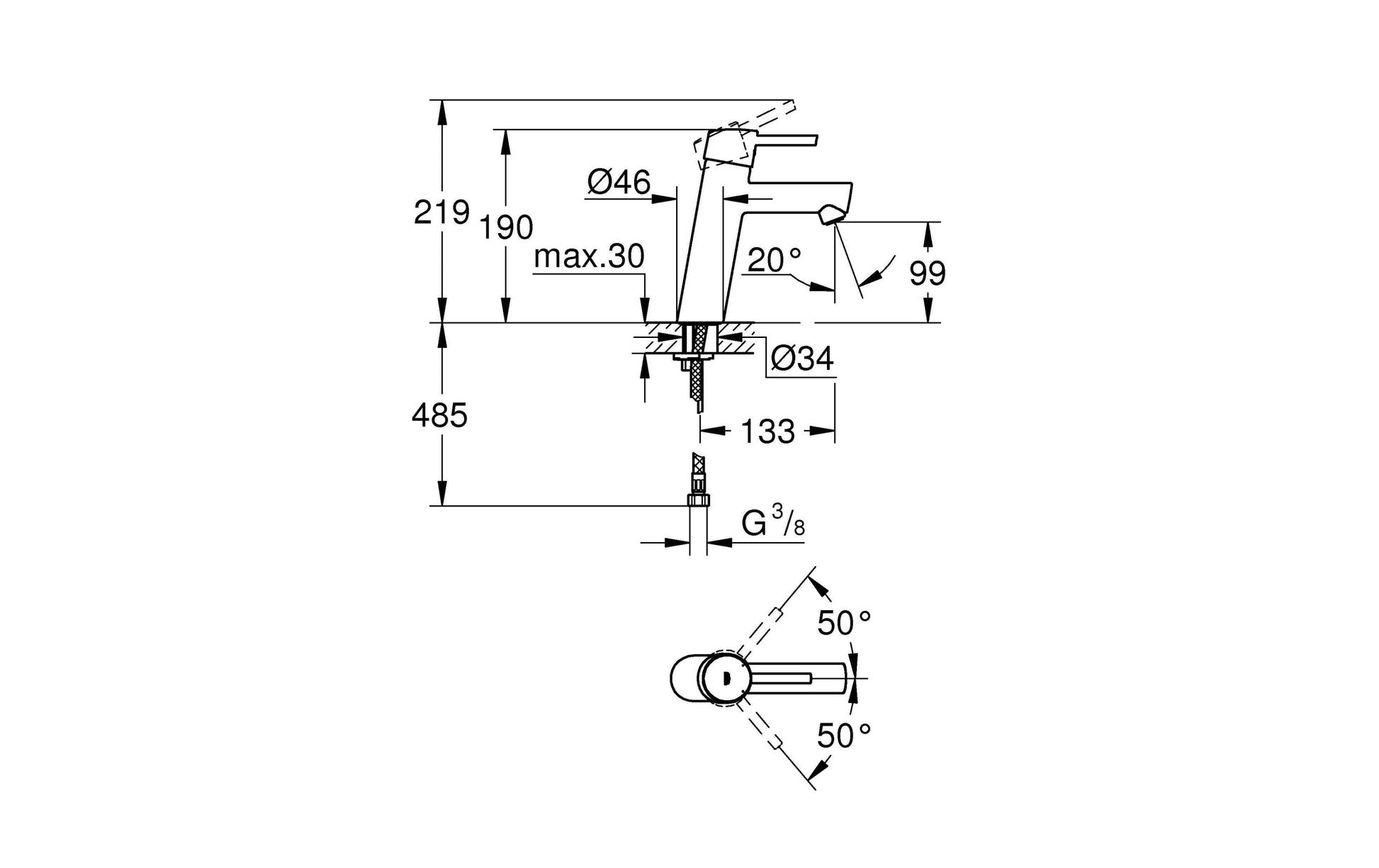 GROHE Concetto Einhand-Waschtischbatterie – Höhe 70 mm, Breite 225 mm, 1/2-Anschluss, Chrom, für Waschbecken